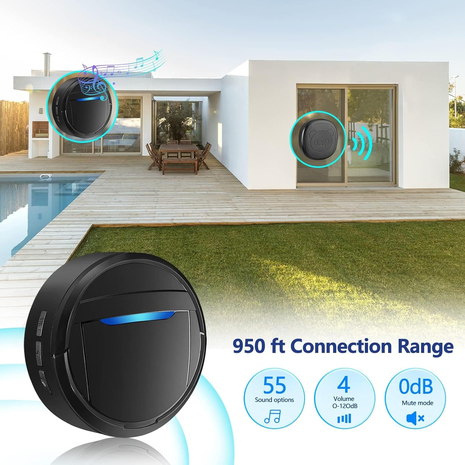 Whimsii Wireless Dog Doorbell, Ring Bell to Go Outside, IP55 Waterproof Buttons, 55 Melodies, 4 Volume Levels & 950Ft Range (Black, 1 Receiver 1 Transmitter)