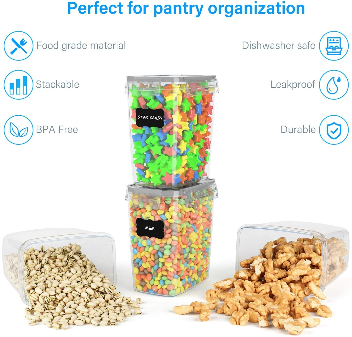 Airtight Food Storage Containers 9 Pieces 1.5Qt / 1.6L- Plastic PBA Free Kitchen Pantry Storage Containers for Sugar, Flour and Baking Supplies - Dishwasher Safe image number 1