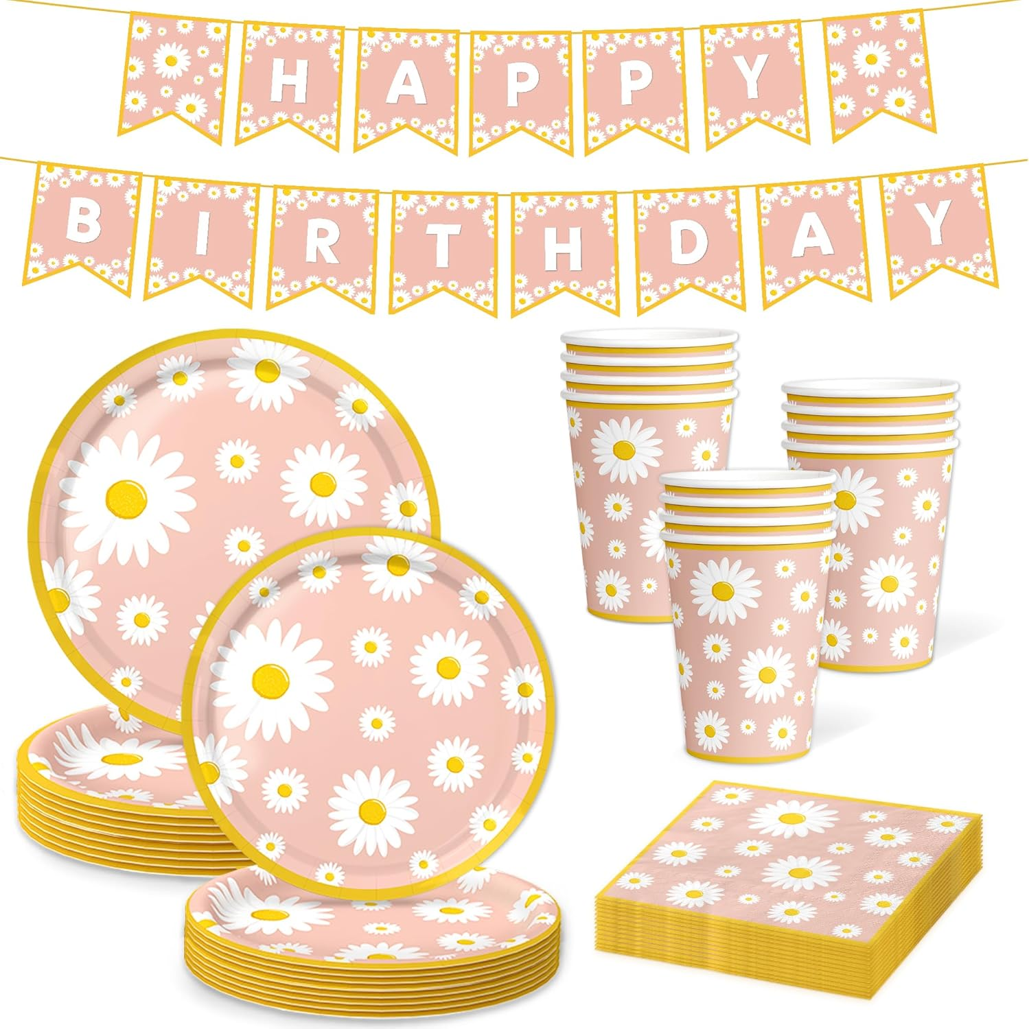 Daisy Birthday Party Decorations Flower Daisy Paper Plates Napkins Cups Banner for Daisy Groovy Boho Retro Hippie Party Supplies Daisy Baby in Bloom Baby Shower Girl Birthday Party Supplies image number 2