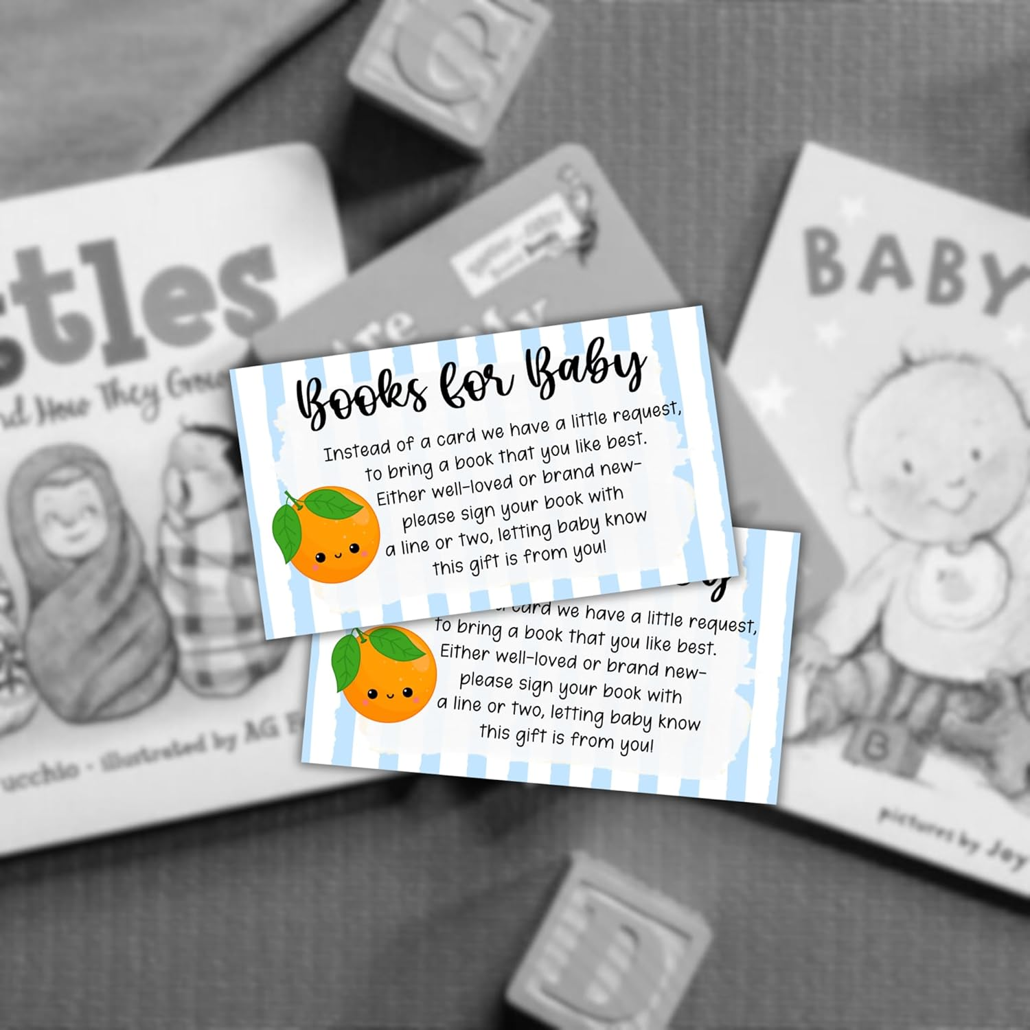 Little Cuties Oranges Books for Baby 50Pk 2X3.5&rdquo; Invitation Inserts Pop It When She Pops Blue Stripes Diaper Raffle Shower Label Tag image number 3