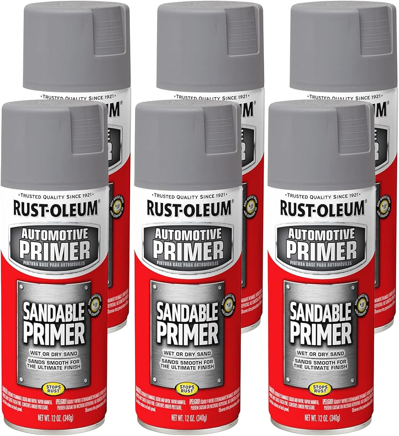 Rust-Oleum Automotive Sandable Primer Spray, Gray, 340 G (Pack of 6)