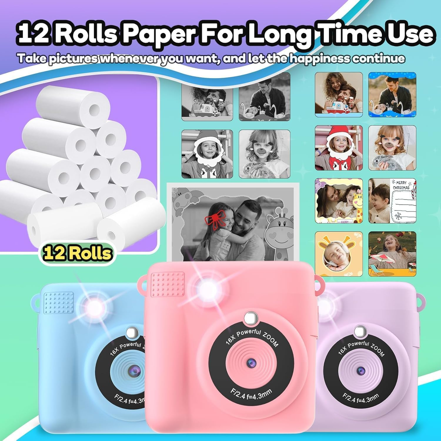 12 Rolls Print Camera Paper Refill，Thermal Print Paper Rolls Photo Print HD Printing for Most Kids Instant Camera - Paper Only(White-12) image number 3