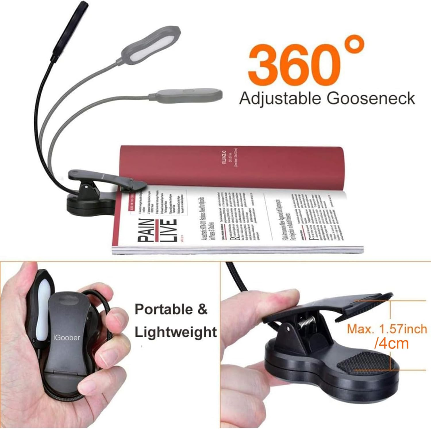 Igoober Amber Book Light, Rechargeable Blue Light Blocking Reading Light, Clip on Book Lamp, 3 Brightness Eye Care Sleep Aid Lights, for Kids, Bookworms and Kindle image number 5