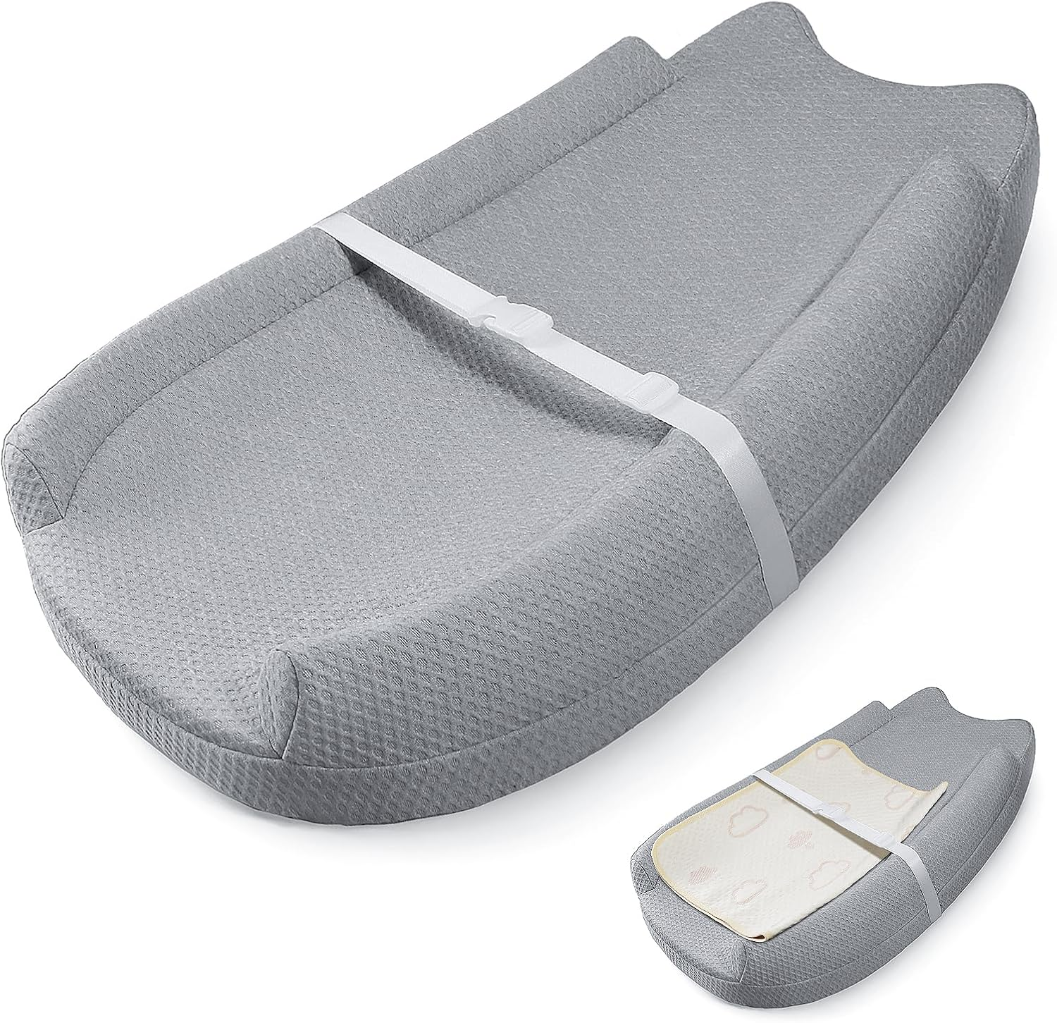Changing Pad with Waterproof Cover and Removable Towel Liner, U-Shaped Contoured Sides, Safety Strap & Non-Slip Base, Fits Standard Changing Tables