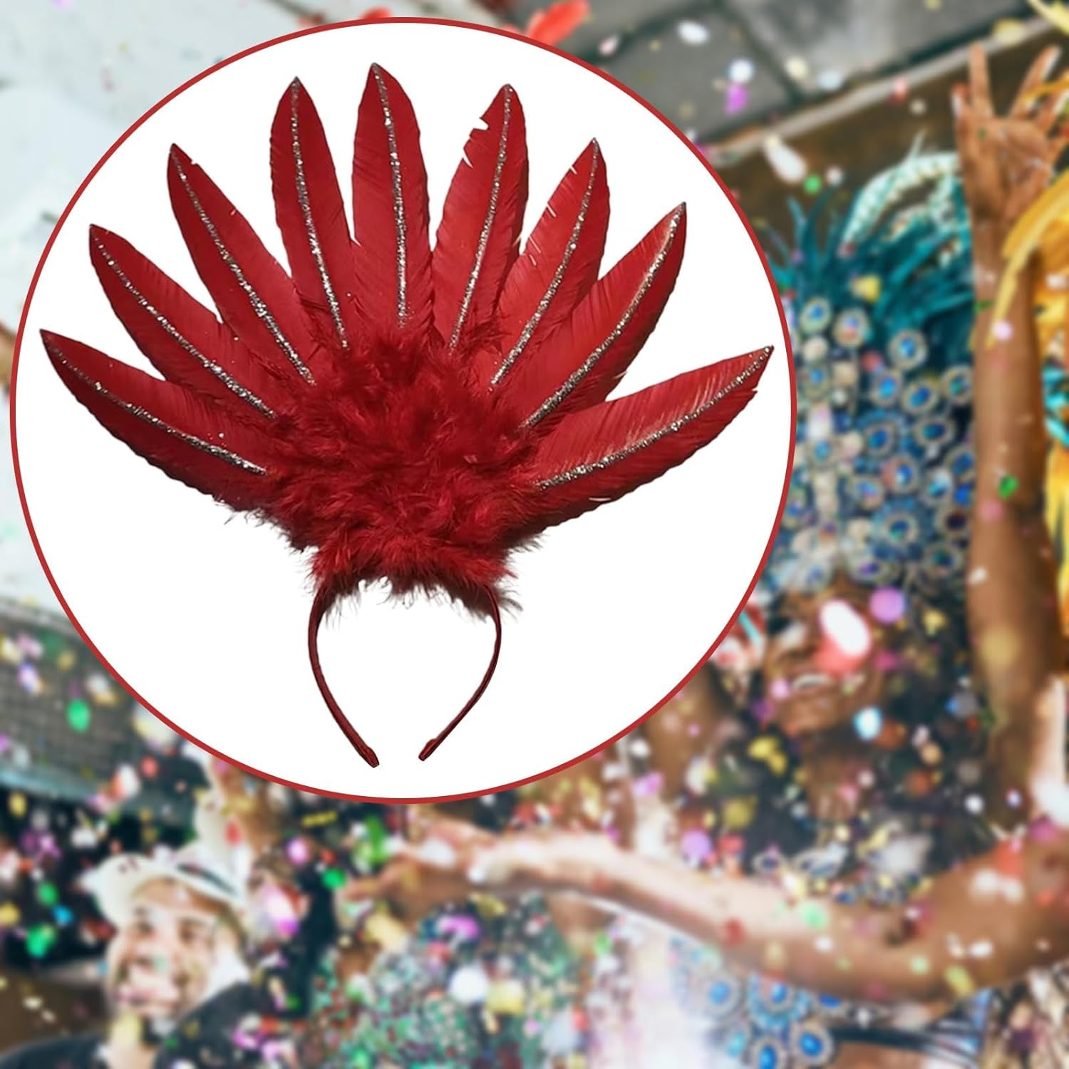 UGPLM Feather Headdress Headwear Costume Fascinator Headband Cosplay Hair Bands Headpiece for Halloween Dance Performance Festival, Red - Rose Red image number 7