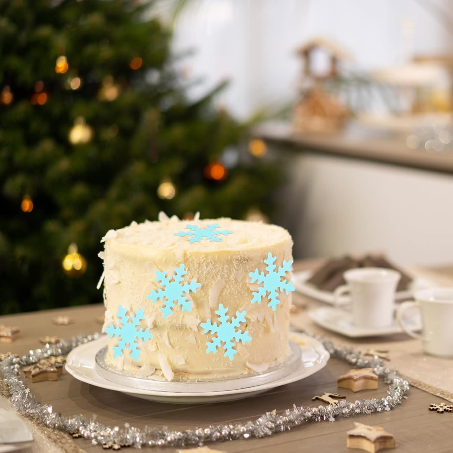 50Pcs Edible Snowflake Cupcake Cake Decoration, 5Cm Cute Snowflakes Confetti Decorations, Winter Cupcake Topper for Christmas Winter Frozen Snowflake Theme Birthday Party Wedding Baby Shower image number 6