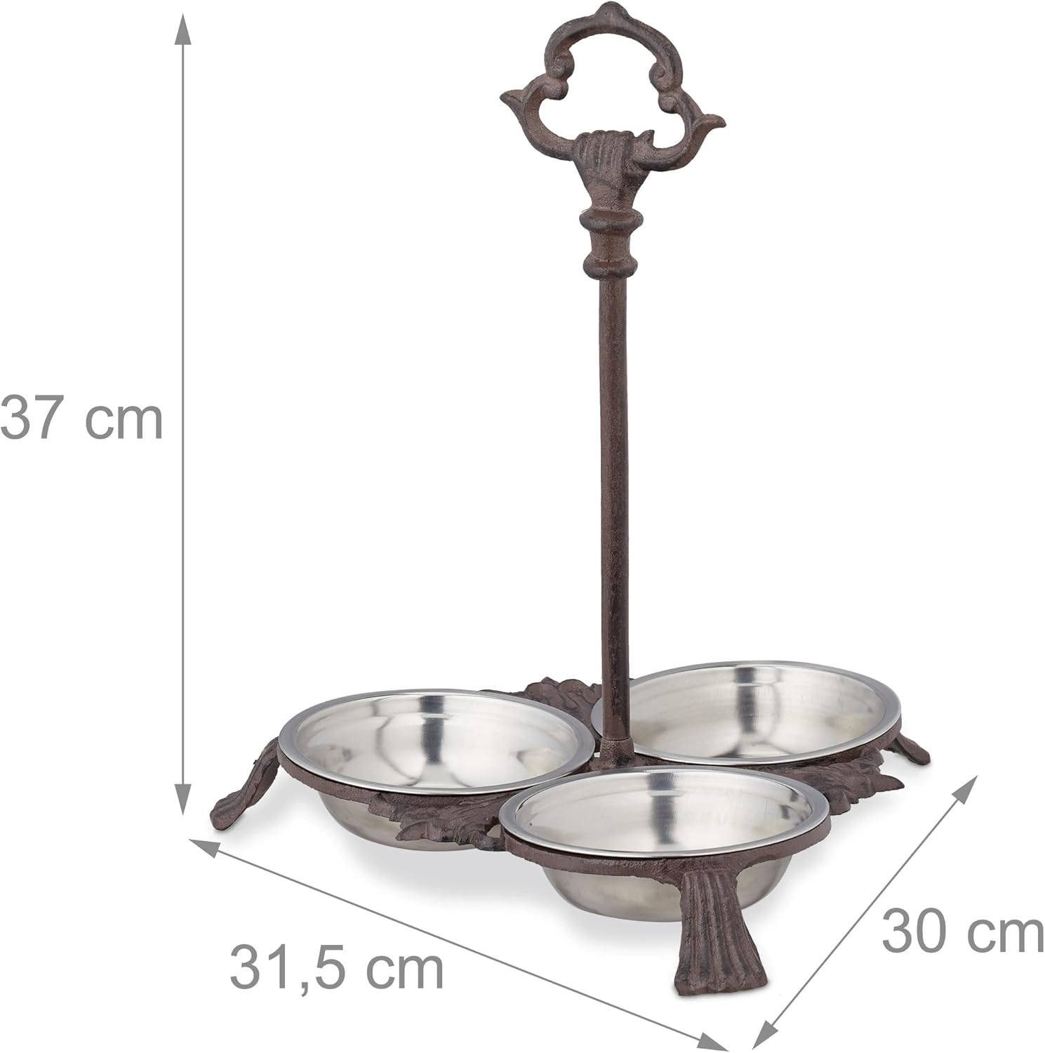 Relaxdays Cast Iron Feeding Station for Cats & Dogs, 3 Stainless Steel Bowls, Antique, Handle, Outdoor, Dark Brown, 37 X 31.5 X 30 Cm image number 2