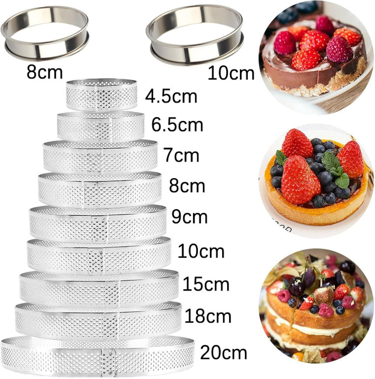 Cake Ring Tartlet Pie Baking Perforated Stainless Ring Mousse Heat-Resistant Molds DIY Circle Cutter 2Pcs 20Cm - 10Cm image number 2