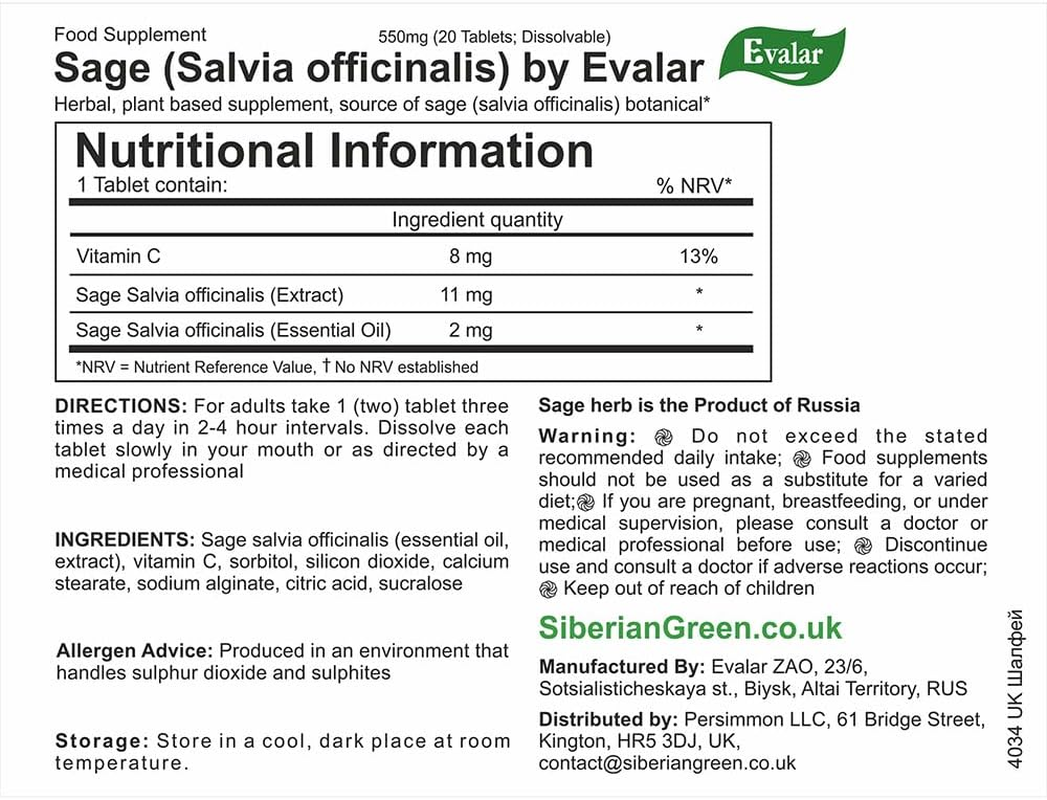 Evalar Sage Salvia Officinalis Herb Dissolvable 20 Tabs