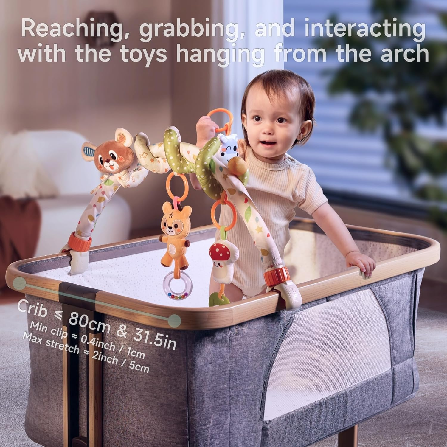 TUMAMA Baby Activity Arch with Bear Spiral Toy, Clips Adjustable and Detachable Sensory Stimulating Hanging Toys Baby Toys 0-3 3-6 Months, Newborn Strollers Bassinets Crib Carseat Toy image number 4