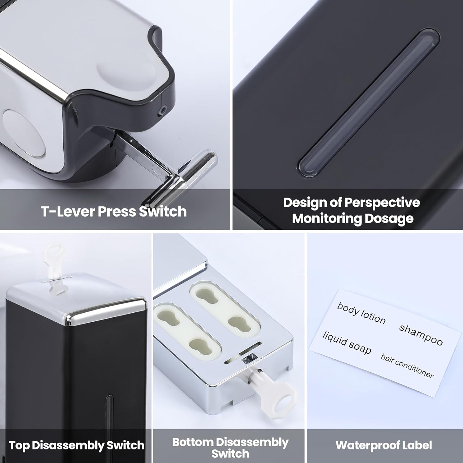 EHORIA 3-In-1 Quadrate Dispensers for the Shower, Shower Soap, Conditioner, Shampoo, No Drilled Wall Mounted, Black - Black Set Of 2 image number 4