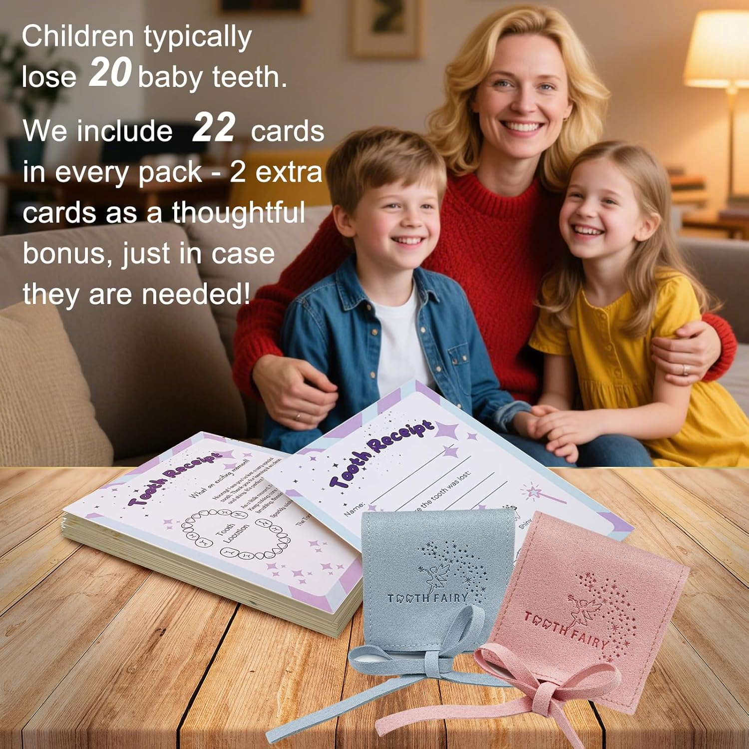 Tooth Fairy Paper Receipts (22 Pack) and 2 Tooth Pouches (Pink and Blue Each) for Kids, Lost Tooth Notes with Tooth Holders, Tooth Fairy Keepsake Kit, Lost Baby Teeth Storage image number 1