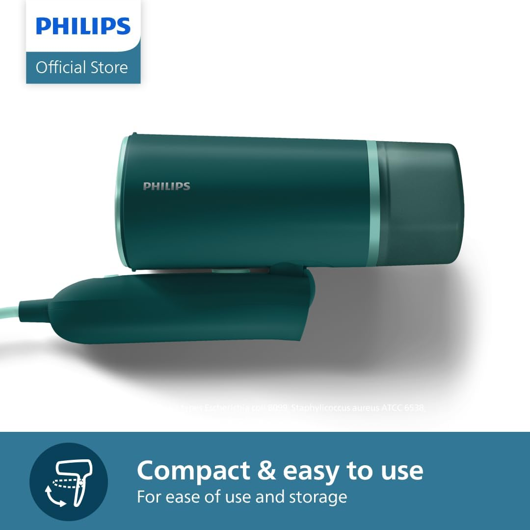 Philips 3000 Series Handheld Steamer - 1000W, 20G/Min Steam, Detachable 120Ml Water Tank, Heated Metal Soleplate, Storage Pouch, 660G Light Weight, Compact and Foldable, Dark Green (STH3020/70)