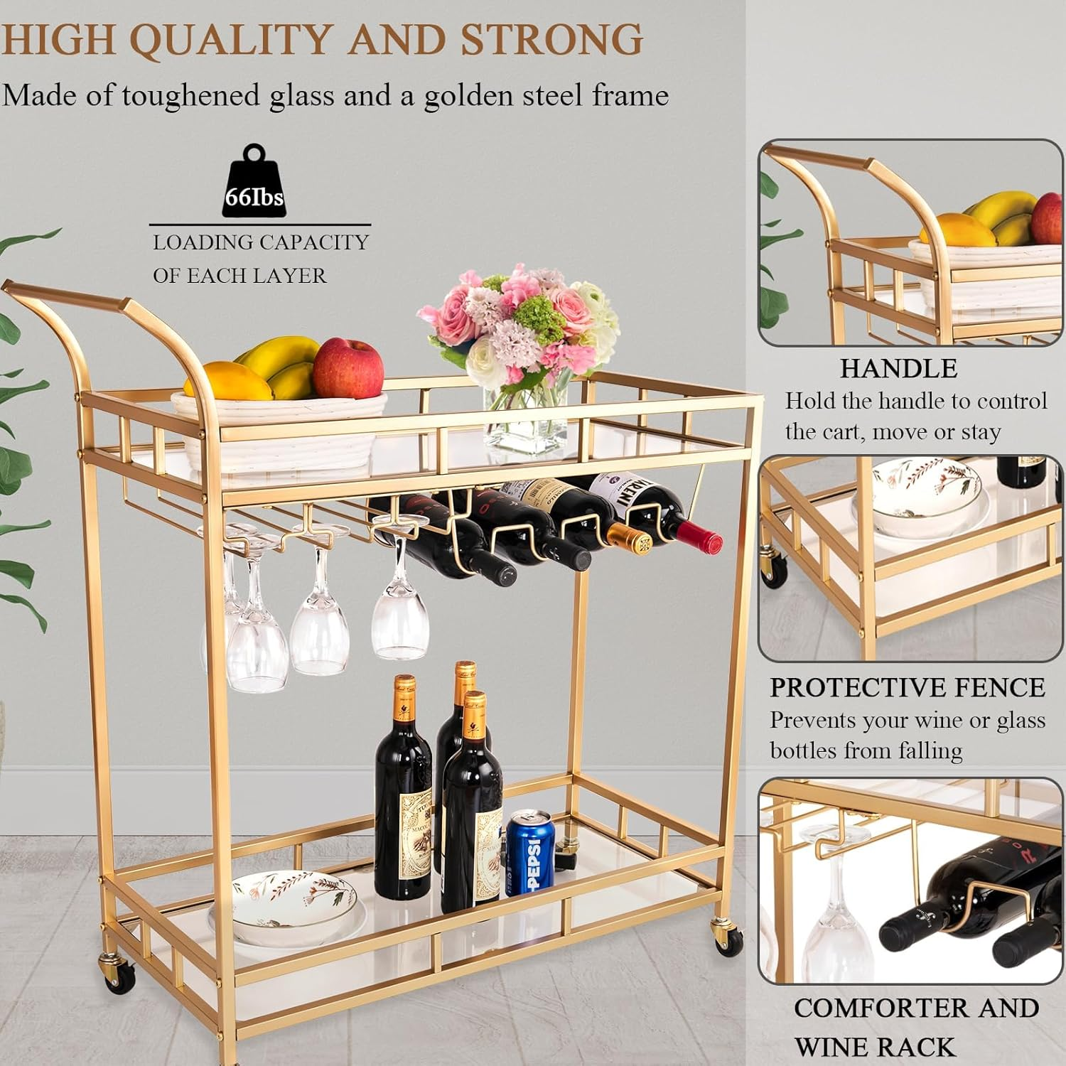 Bar Cart, Serving Cart for Home, Microwave Stand, Drink Trolley, Mobile Kitchen Shelf with Wine Rack and Glass Holder, Rolling Beverage Station for Kitchen, Dining Room, and Parties