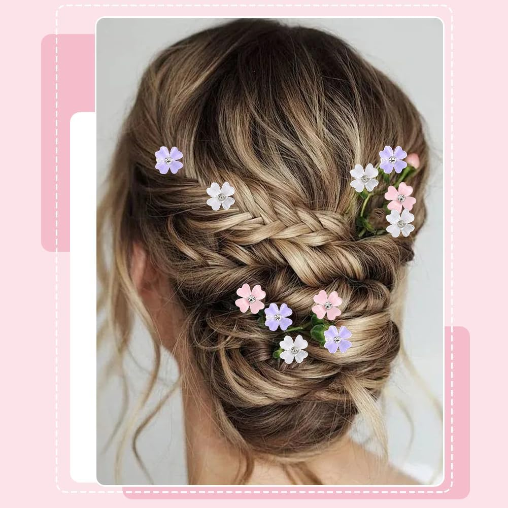 SUNNYCLUE 1 Box 30Pcs 3 Colors Four Leaf Clover Hairclip Lucky Hair Pin Mini Resin with Rhinestone White Pink Purple Shiny Hair Clips for Barrettes Braid Decorative Accessories Women Costume Party image number 4