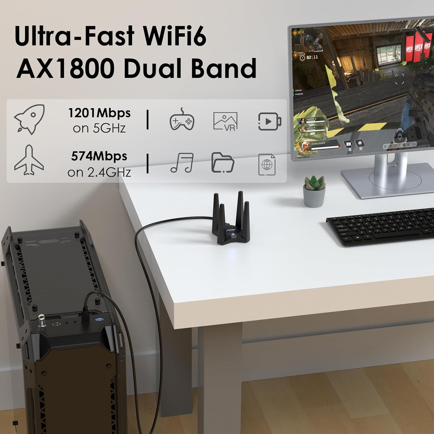 WAVLINK AX1800 USB Wifi Adapter for Desktop PC, USB Wifi 6 Dongle Dual Band 2.4G 574Mbps+5G 1201Mbps, MU-MIMO, Beamforming, WPA3 Security, 4X3Dbi Antennas, Windows 11/10 Supported image number 3