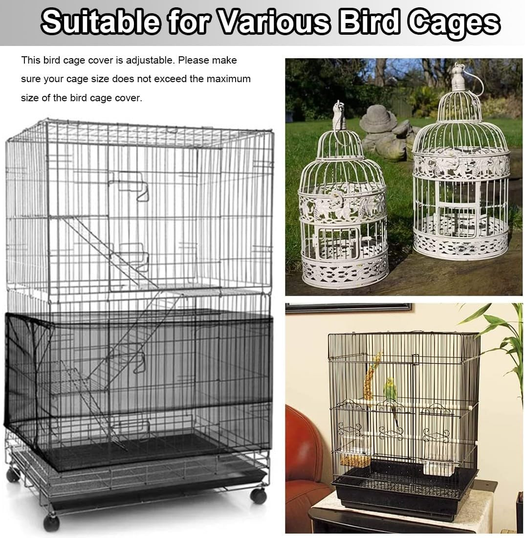 PLABBDPL Adjustable Bird Cage Cover, Extra Large Bird Cage Seed Catcher, Parrots Drawstring Bird Food Small Animals Net, Cover Skirt Guard for round Square Cages, 2 Pieces, Black