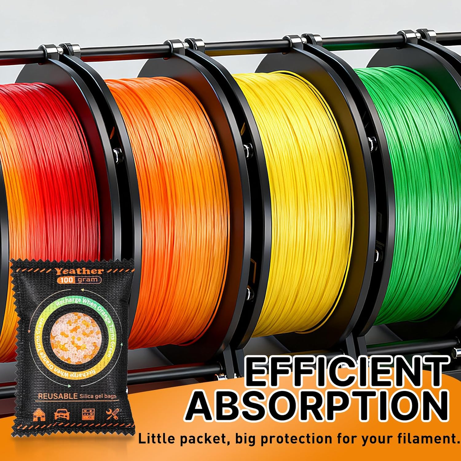 100G [4 Packs] Color Indicating Silica Gel Desiccant Packets, Rechargeable Desiccant - Moisture Absorbers for Bins, Gun Safes, Suitcases, 3D Printing Filaments, Electronics, Cars image number 4