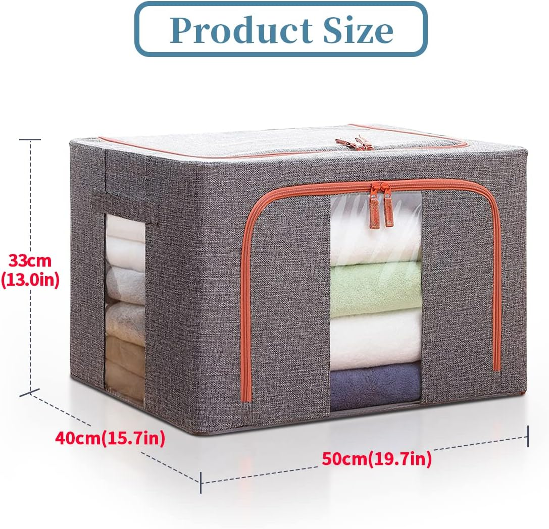 Miss Rui Clothes Storage Organizer Bag Linen 2 Pack Large 66L Capacity Closet Organiser Bins Containers Steel Frame Storage Box for Clothing with Clear Window & Reinforced Handles (Grey) image number 1