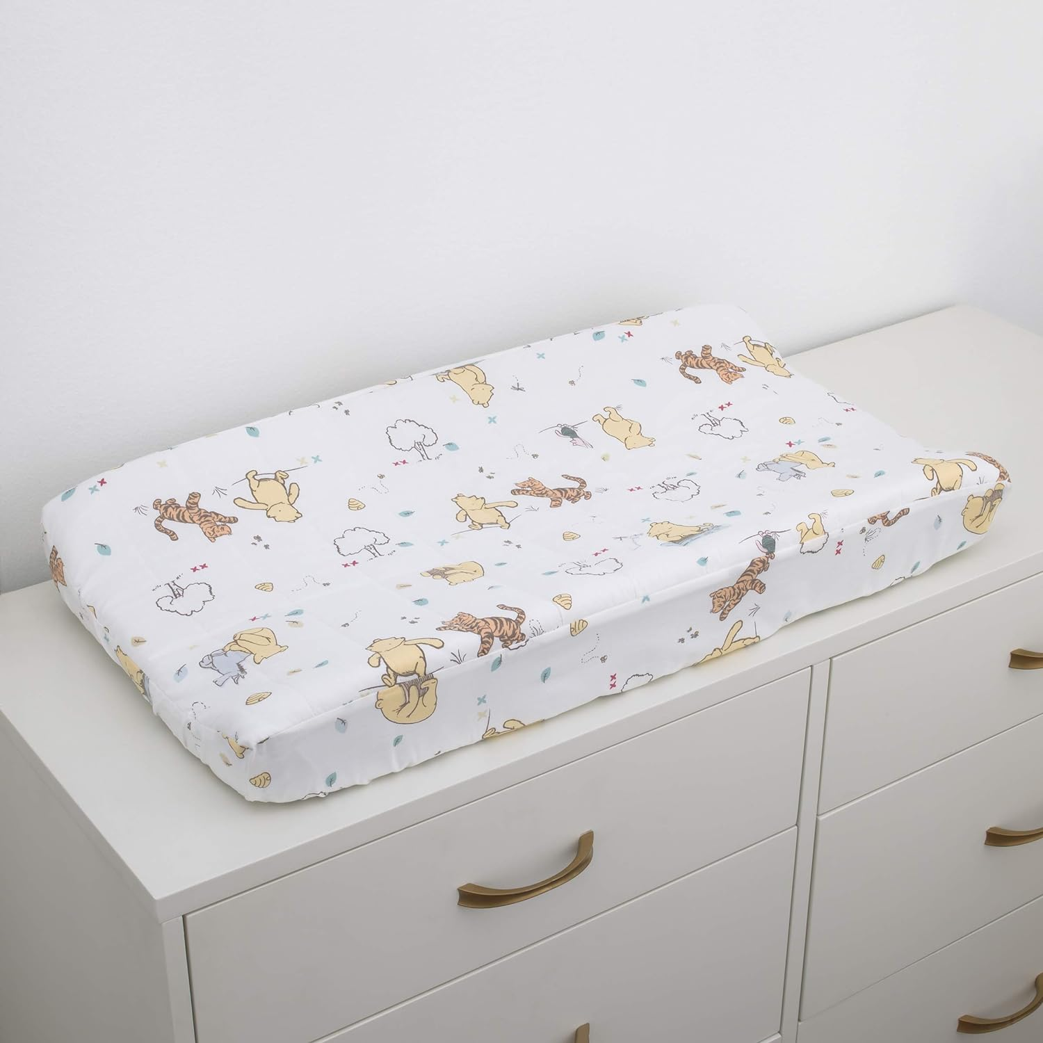 Disney Winnie the Pooh Classic Pooh 100% Cotton Quilted Changing Pad Cover, Ivory/Butter/Aqua/Orange 1 Count (Pack of 1) image number 1