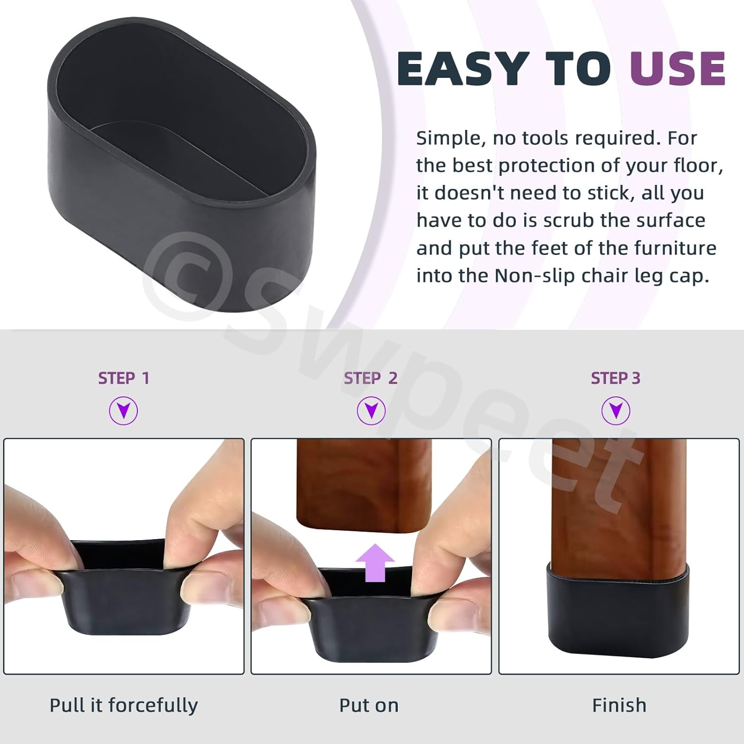 Swpeet 10Pcs 1.2"&times;2.4" Black Oval Chair Leg Caps, Floor Protectors, Table Chair Leg Protection Cover, Furniture Leg Caps，Leg Tips Covers, Feet Pads, Feet for Furniture Table Chair image number 6