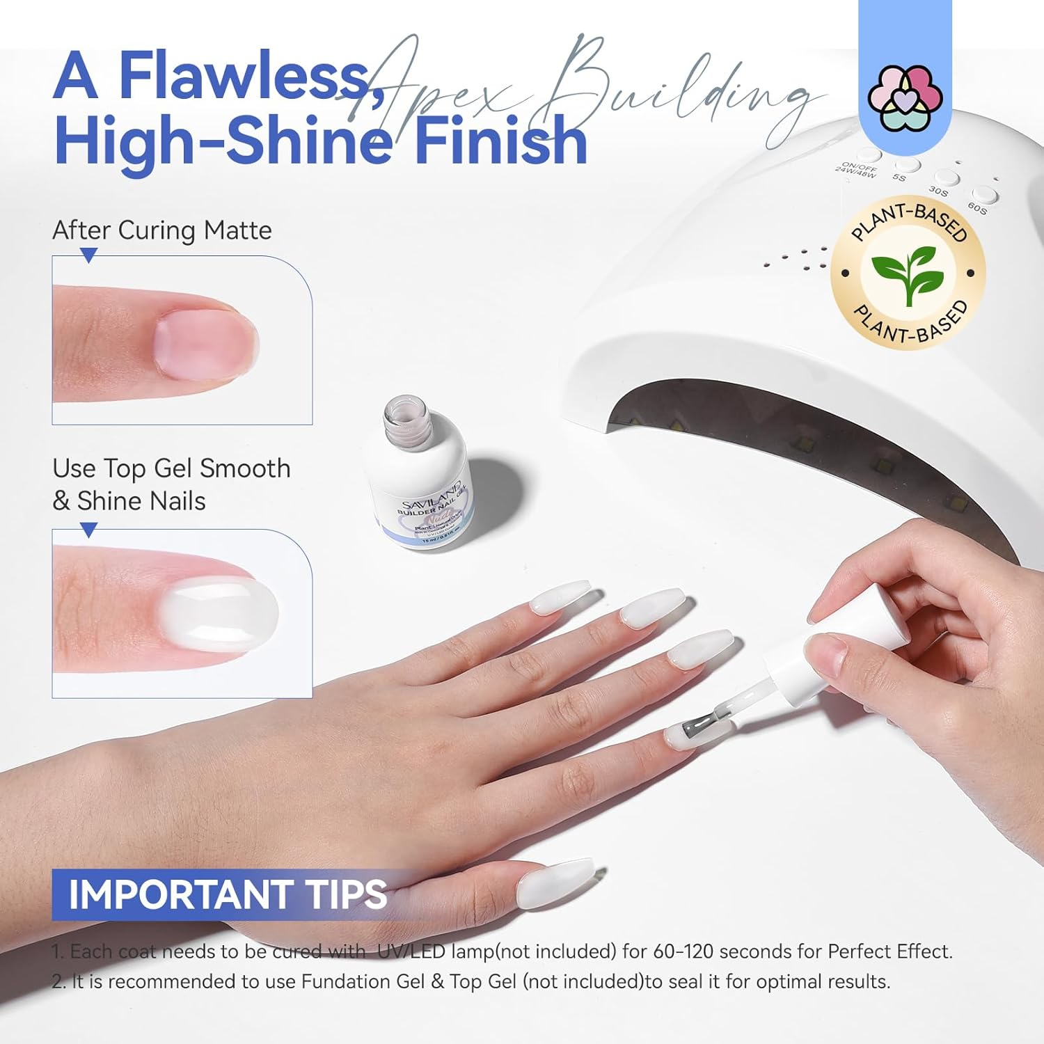 SAVLAND Plant-Based Builder Nail Gel: 8-In-1 Gel Builder for Nails Castor Oil Vitamin E Nail Gel Builder for Nail Extensions Strengthen Apex Enhancement Gel Nail Builder with Liner Brush 15 Ml White image number 2