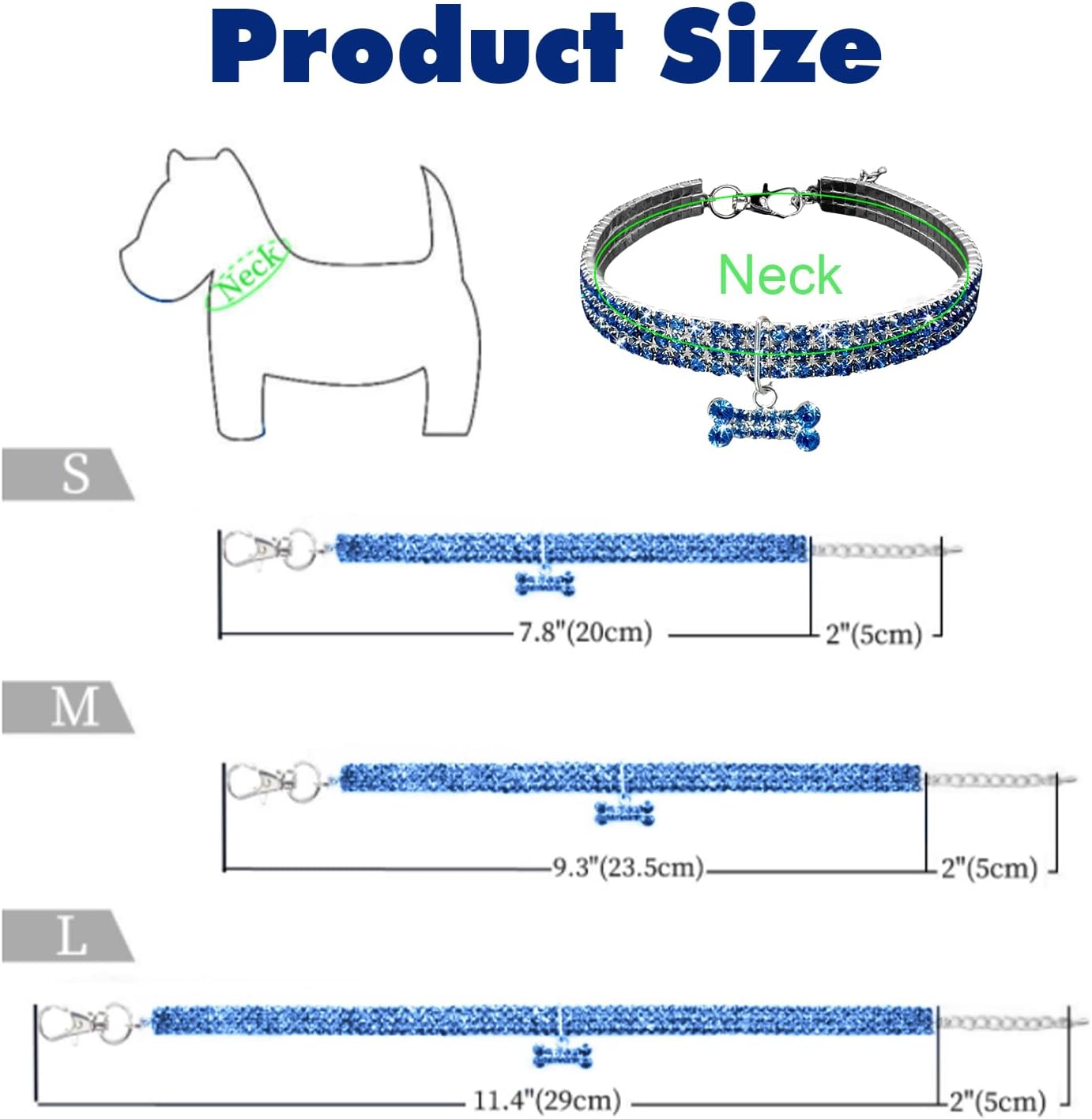 Dog Collar with Diamonds, Small Dog Cat Collar Adjustable Pet Collar Chain Metal Blue Crystal Dog Necklace for Pet Necklace Accessories with Bone Pendant Shiny Puppy Collar for Bulldog (23.5+5Cm) image number 1