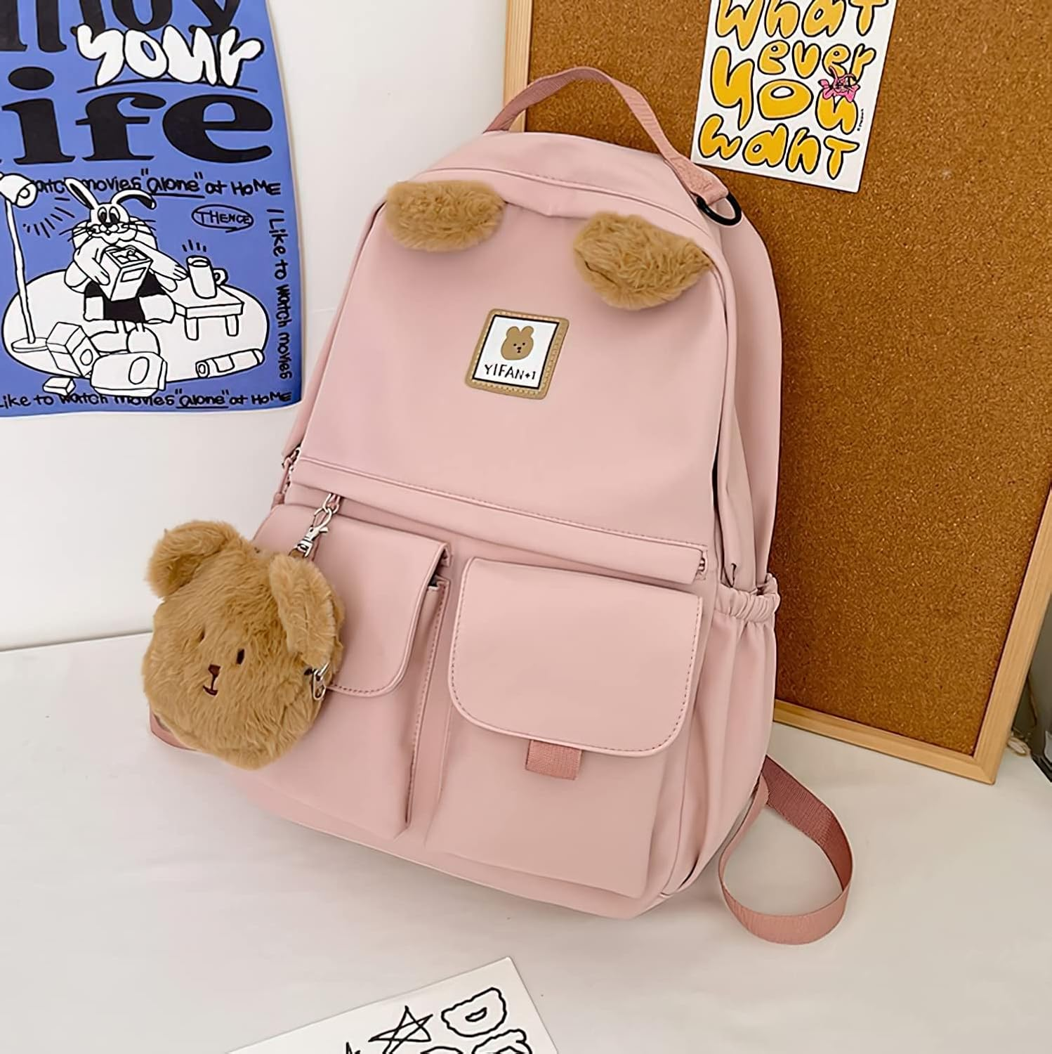 Laureltree Kawaii Aesthetic Cute Backpack with Accessories 14 in Laptop Rucksack Travel Bag School Students Suppliers Girls - Black image number 5