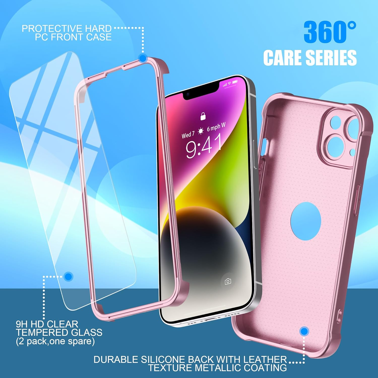 ORETECH Designed for Iphone 14 Case with [2 X Tempered Glass Screen Protector] [Shockproof Protective] Soft TPU Silicone Phone Case for Iphone 14 Case-6.1''Rosegold