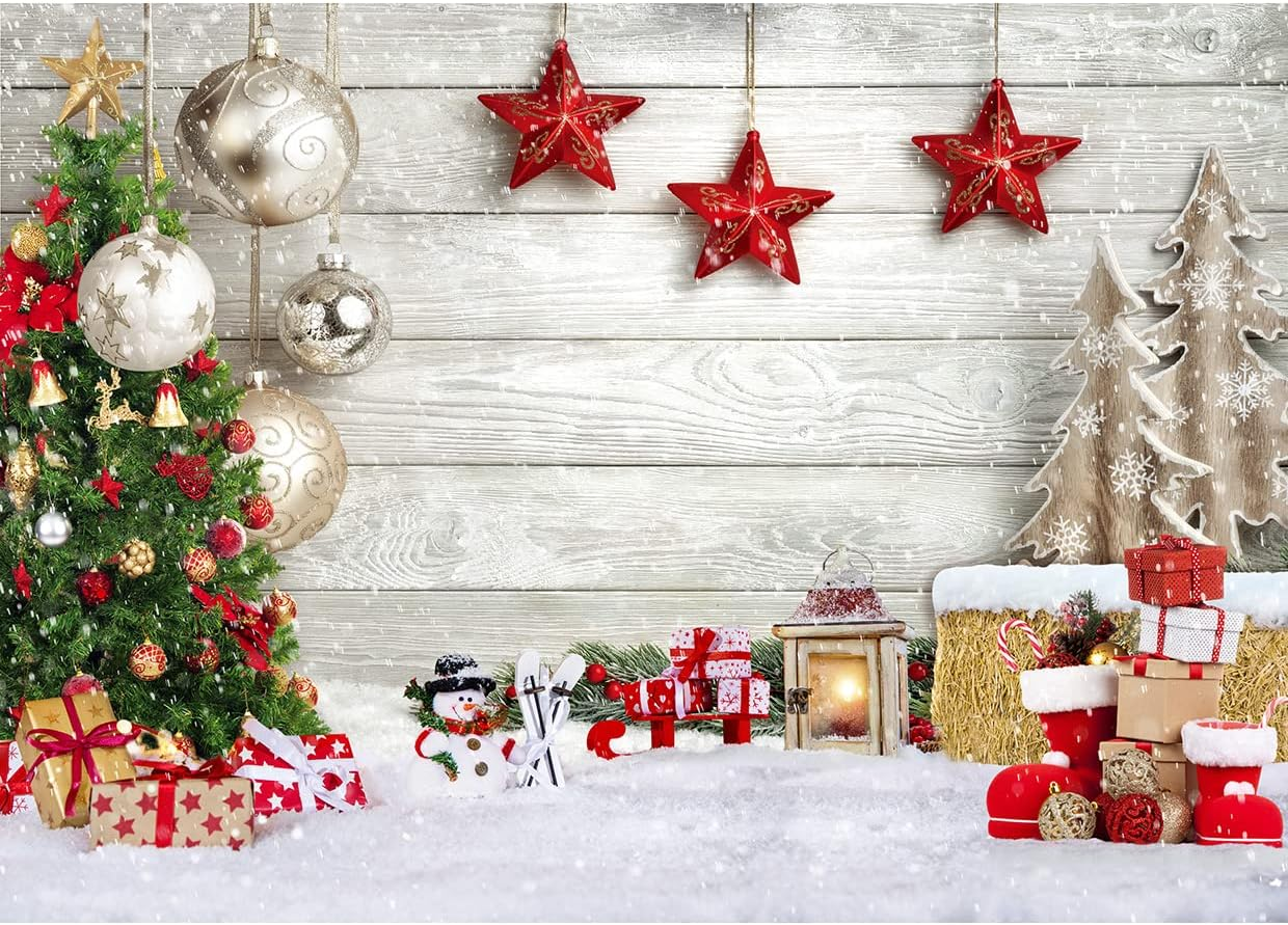 SJOLOON Christmas Backdrop White Wood Floor with Snowflake Backdrop Christmas Tree Gifts Background for Christmas Party Decoration Family Gathering 12392 (10X10Ft) image number 1