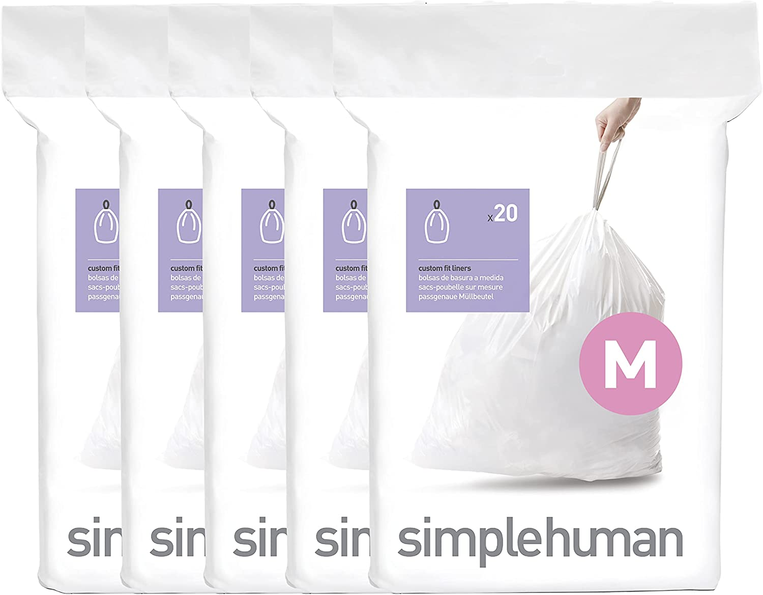 Simplehuman Code M Custom Fit Drawstring Trash Bags in Dispenser Packs, 45 Liter / 11.9 Gallon, White 20 Count (Pack of 5) 100 Liners image number 3