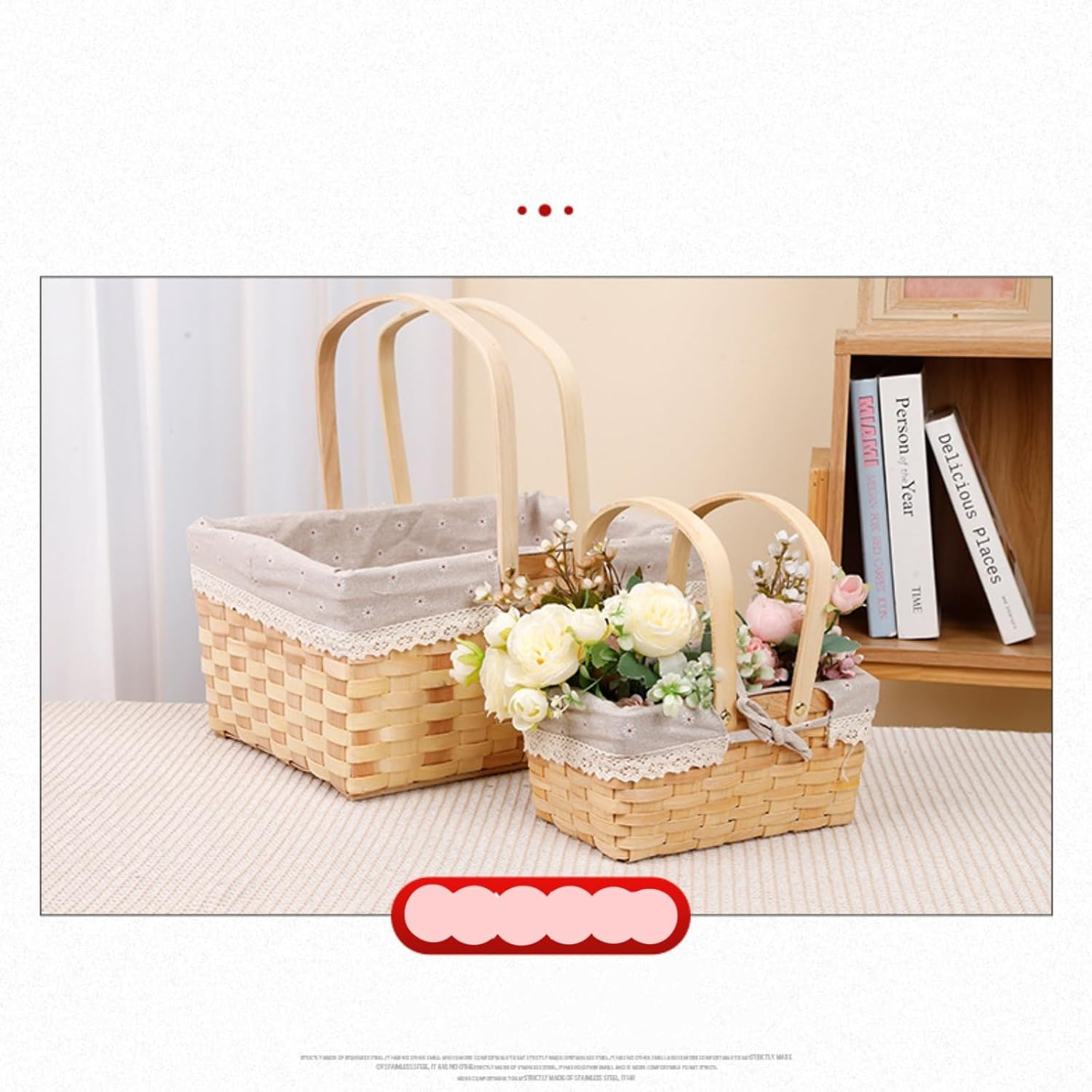 Wicker Basket with Handle, Picnic Basket Rectangular Picnic Basket with Double Folding Handles, Storage Basket, Flower Girl Basket for Decor (Red) image number 1