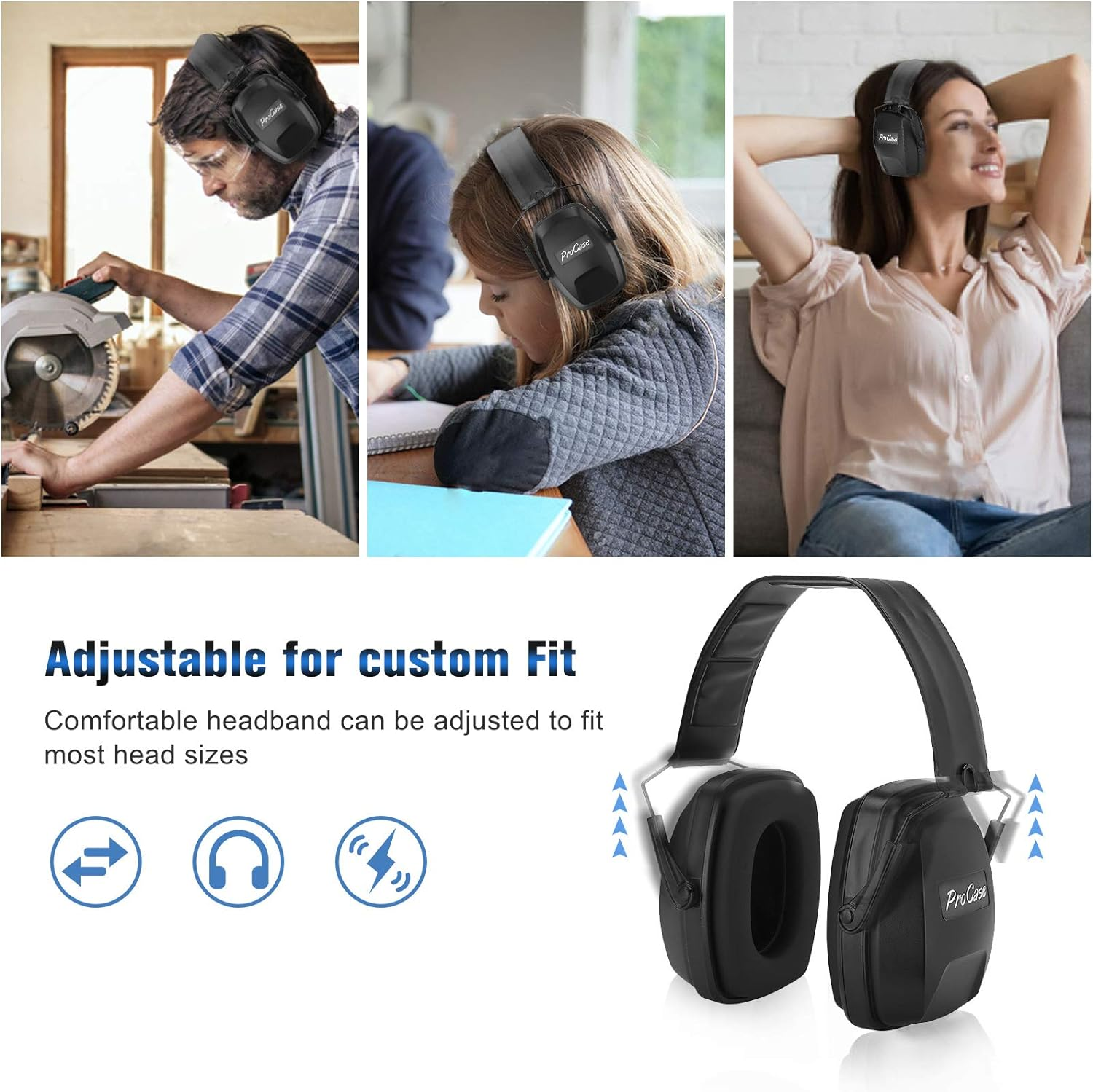 Procase Professional Noise Reduction Ear Muffs, NRR 28Db Safety Hearing Protection Headphones, Adjustable Noise Cancelling Headset Ear Defenders for Manufacturing &ndash; Black image number 4