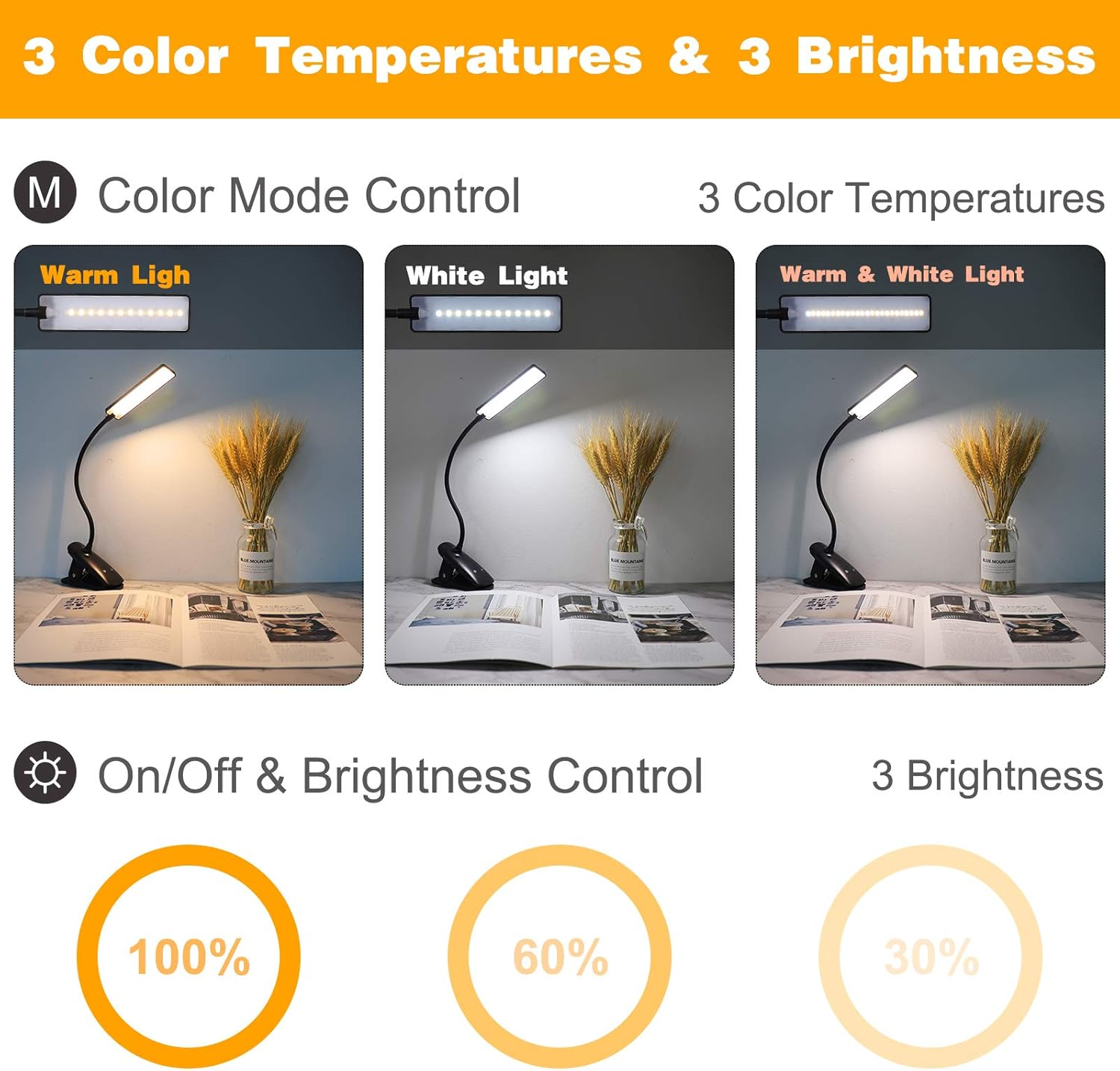 Clip-On 3 Mode 24 LED Book Light for Reading, Eye Care Night Light with Flexible Neck, Touch Control, USB Rechargeable Desk Lamp for Music Stand, Travel (Black) - White image number 3