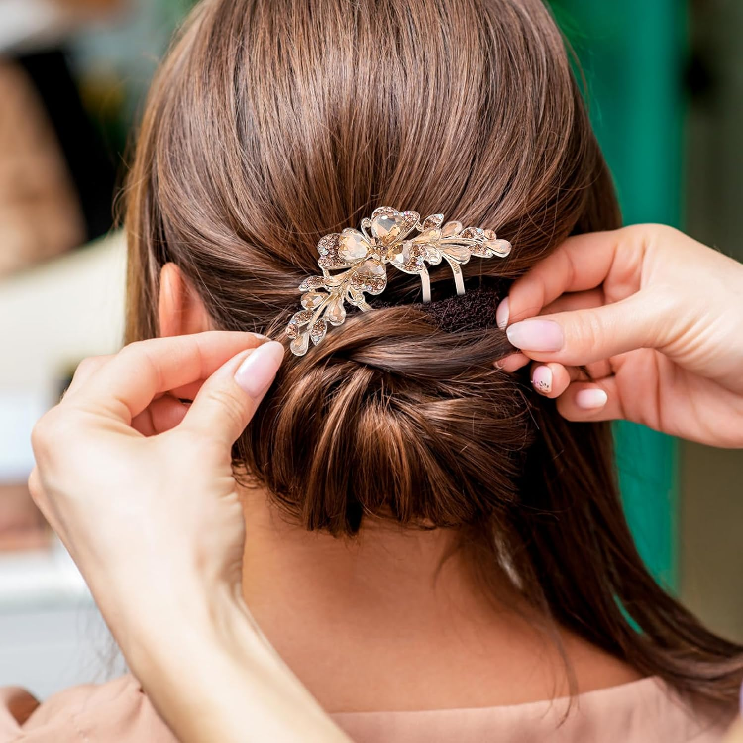 LOGOFUN Crystal Hair Side Comb Rhinestone Hair Comb Wedding Bride Updo Side Comb Bridal 4-Prong Hairpin for Women Girls Hair Accessory - Champagne Color image number 6