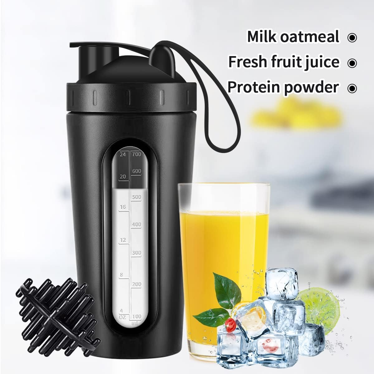 Protein Shaker Bottle, 700Ml Stainless Steel Bottle with Visible Window, Bpa-Free, Leak-Proof Design (Black) image number 3