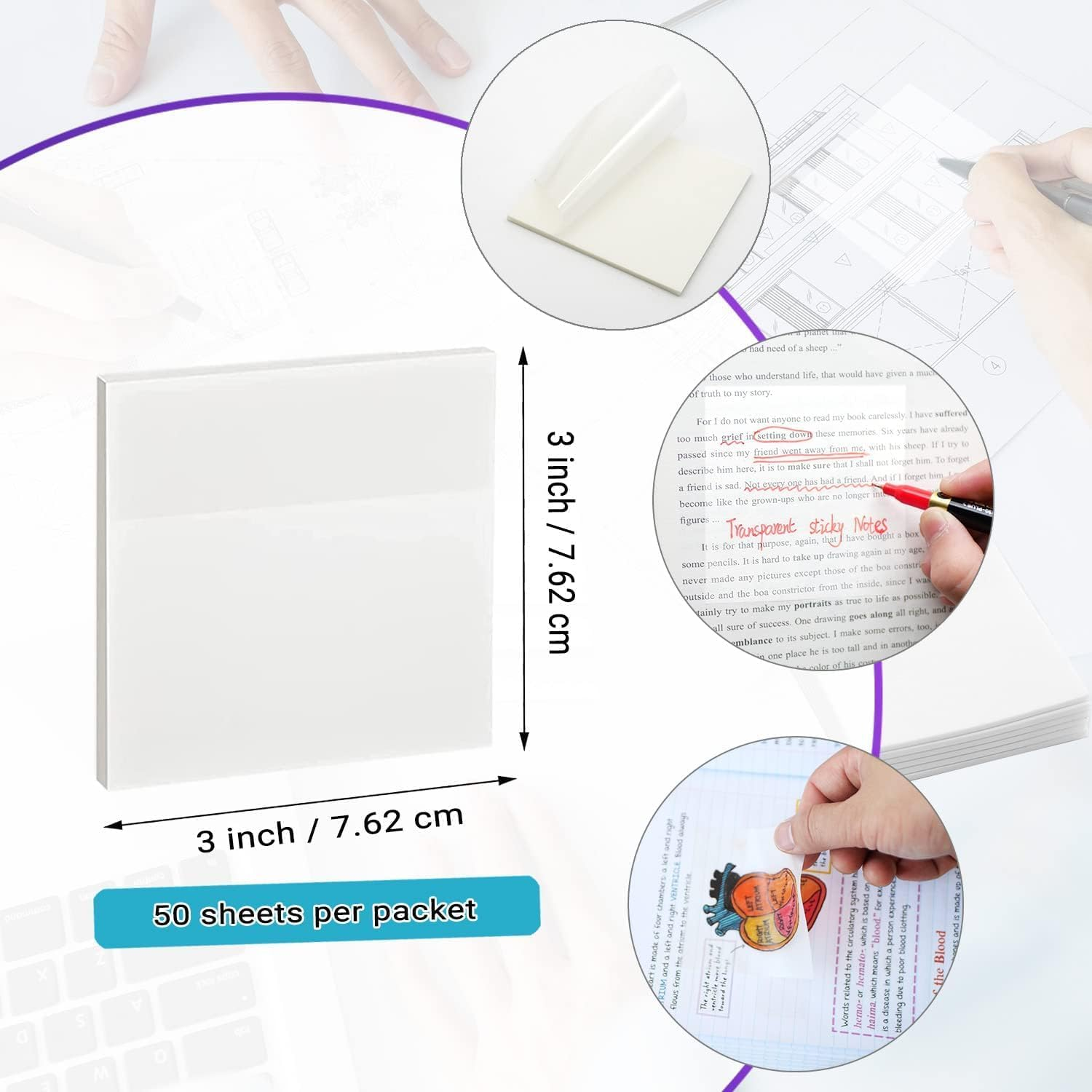 UKKQES Transparent Sticky Notes - 3X3 Inch 6 Pads/300 Sheets Clear Sticky Notes Waterproof Self-Adhesive Translucent Sticky Note Pads for Books Annotation, See through Sticky Notes for School & Office image number 4