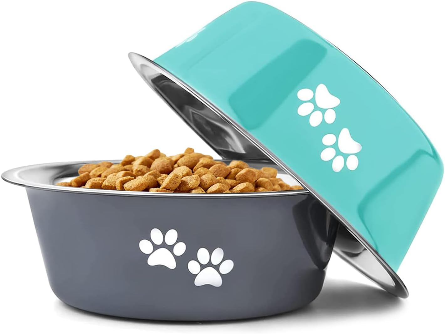 Stainless Steel Dog Bowls 2 Pack Small Medium Dogs Feeding Food Water Bowl with Non-Slip Silicone Sole, Stainless Steel Dog Dishes Elevated Raised Pet Feeder(Green+Grey, M(3.6 Cups) image number 2
