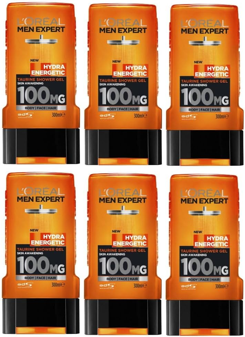 6X L'Oreal Paris Men Expert Hydra Energetic Shower Gel Body Face Hair 300Ml