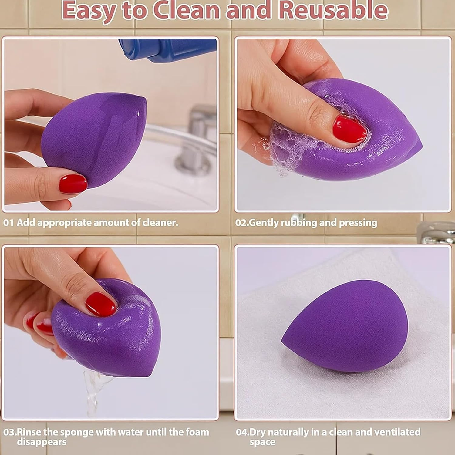 8Pcs Beauty Blender, Makeup Sponge Set, Professional Foundation Sponge for Various Base Makeup Textures, Travel-Friendly, Purple Makeup Sponges image number 3