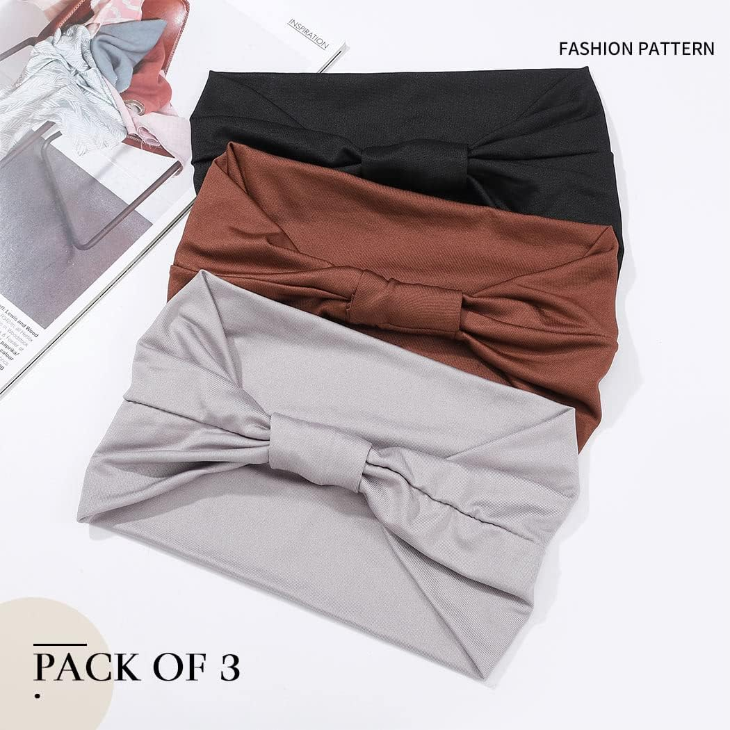 GORTIN Boho Headbands Leopard Hair Bands Knoted Turban Headband Stretch Twist Head Wraps Stripe Cloth Head Bands for Women and Girls 3 Pcs (X-Solid Color Set 1) image number 1