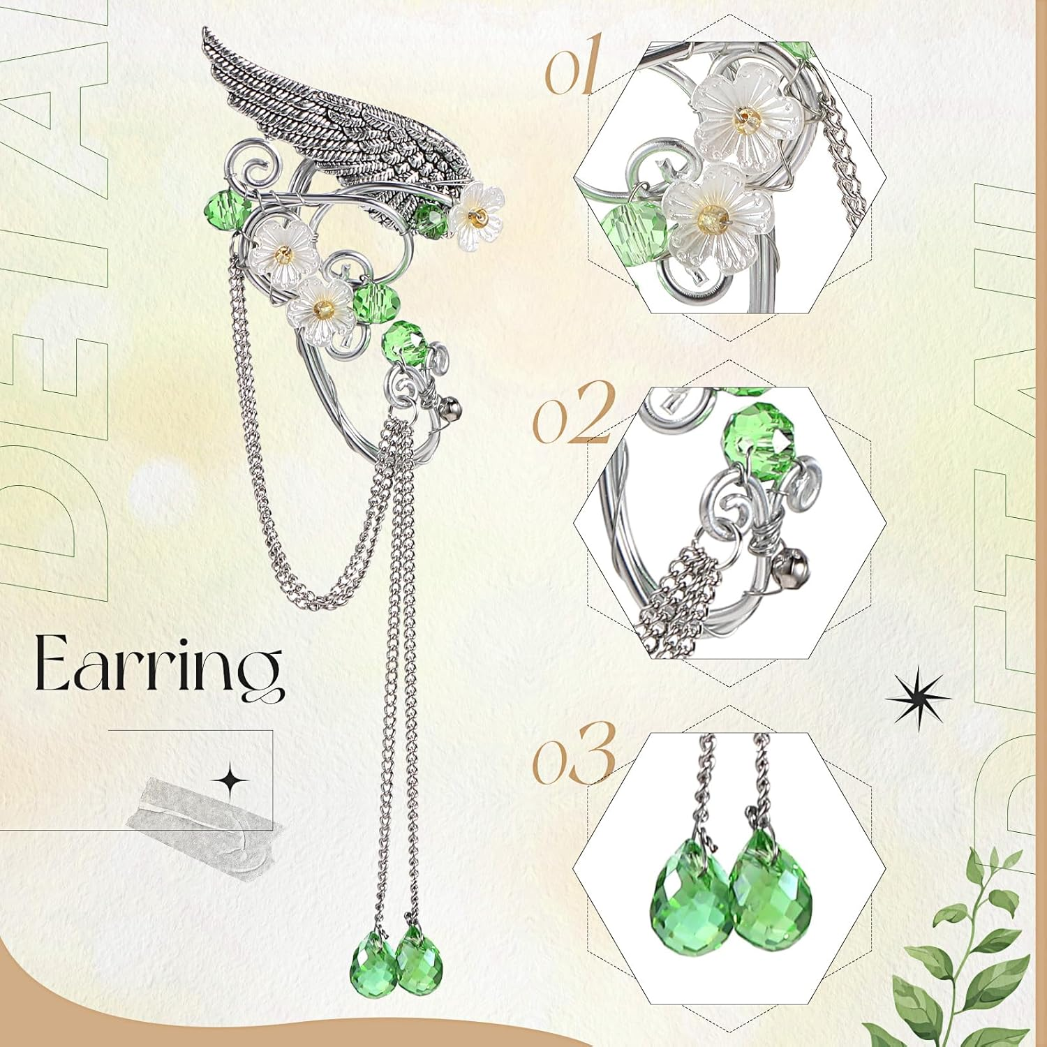 Zeyune Halloween Elves Cosplay Set Fairy Flower Crown Headpiece Elf Ears Cuffs Renaissance Costume Leaf Elves Wings Ear Cuff image number 2