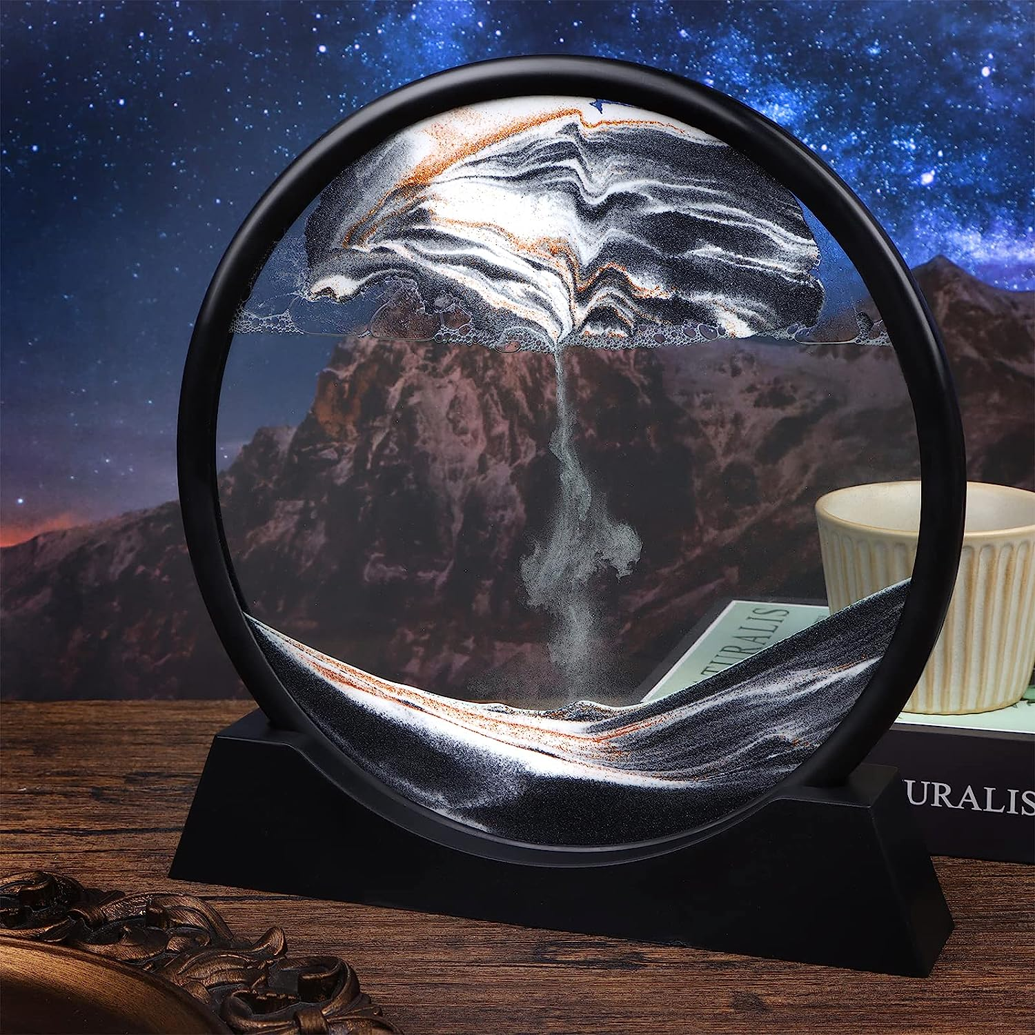 Flowing Sand 3D Natural Landscape Dynamic Art, round Glass Deep Sea Sandscape for Home Ornament, Desktop Art, Bookshelves Decoration (Black, 7 Inches) image number 3