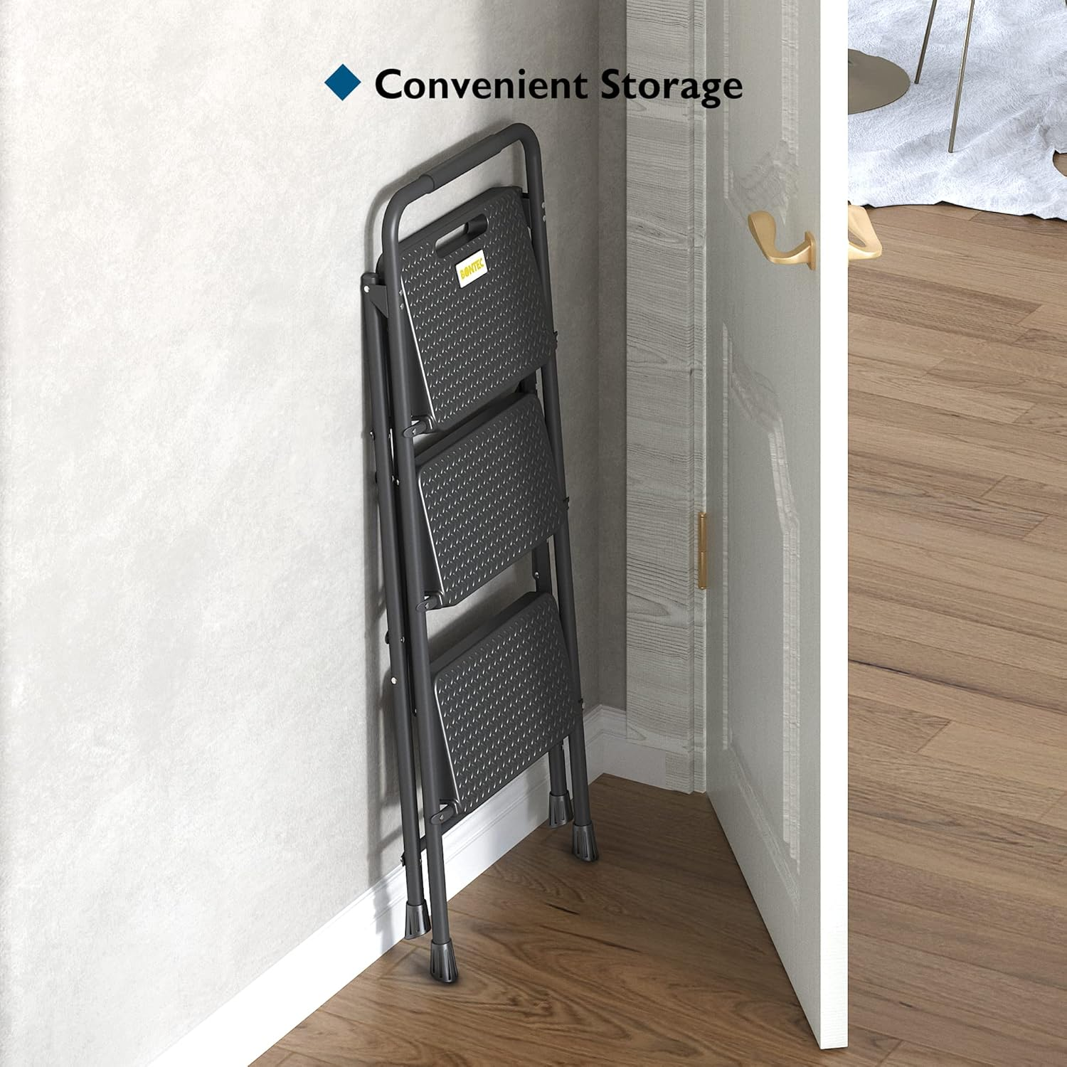 BONTEC 3 Step Ladder, Capacity 272KG with Wide Anti-Slip Pedals, Folding Steel Step Stool, Sponge Handlebar, Lightweight Portable Ladder Suitable for Home, Kitchen, Pantry, Indoor/Outdoor Use, Black image number 2
