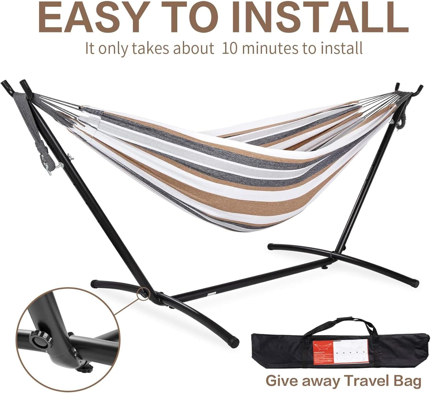 Double Hammock with Space Saving Steel Stand, 2 Person Outdoor Standing Hammocks with Portable Carrying Bag, 250Kg Capacity Coffee 260 * 107 * 109Cm