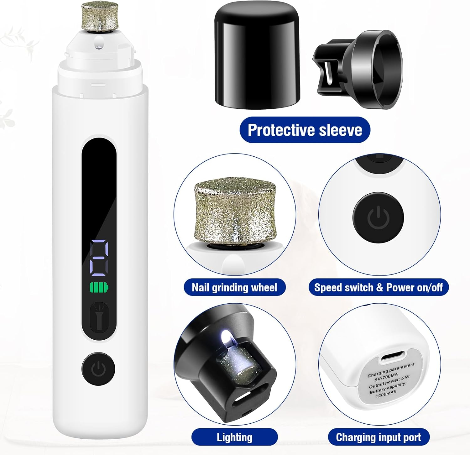 TZL Dog Nail Grinder,5-Speed and Led Display,Rechargeable Nail Trimmers,Quiet and Low Vibration Dog Nail Clippers,3 Ports for Large Medium Small Dogs Cats image number 4