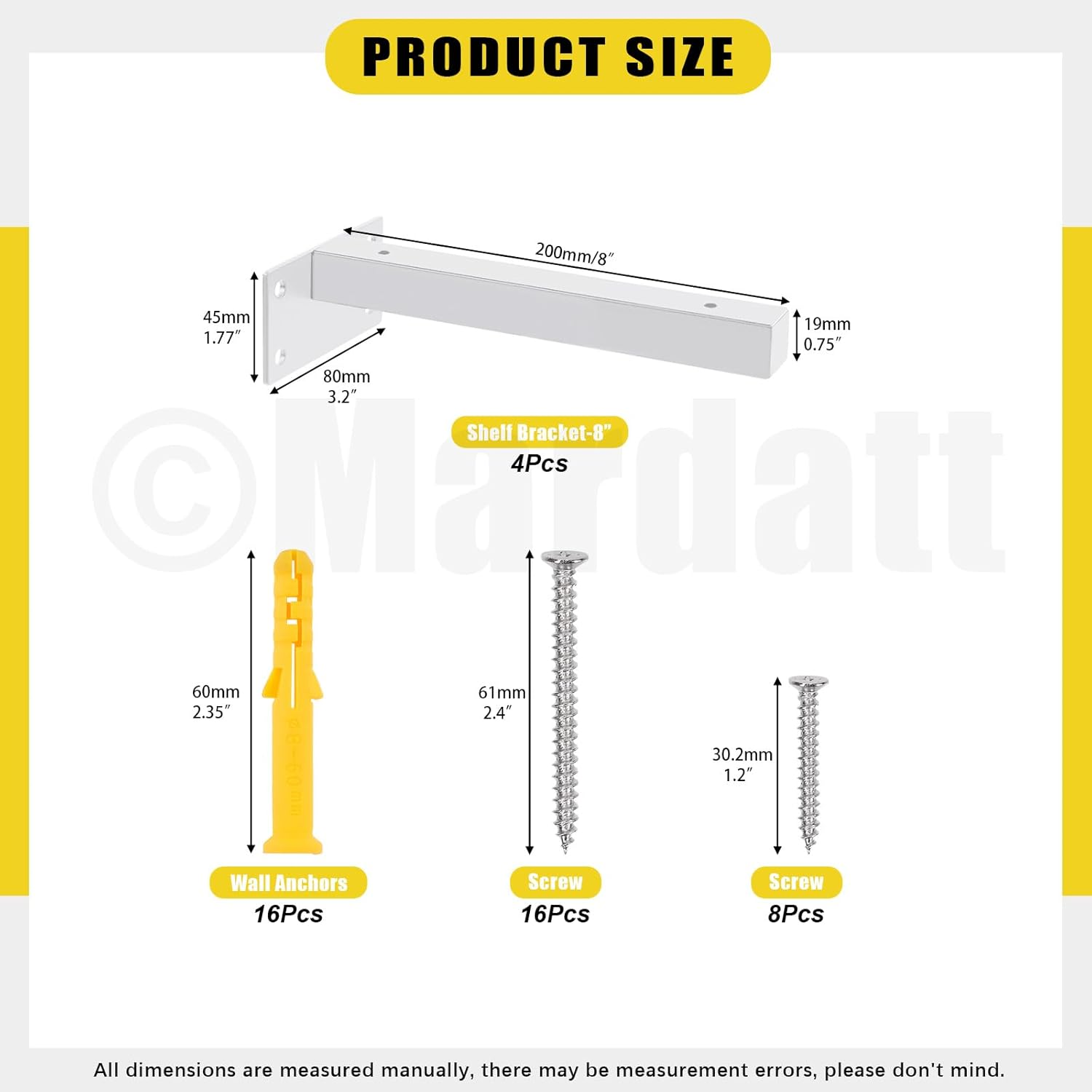 Mardatt 4Pcs 8&rdquo; White Shelf Bracket with Screws and Anchors, Floating Shelf Brackets Heavy Duty Shelf Supports Mounted Shelf Brackets Hidden L Shelf Bracket for Shelves Support image number 3
