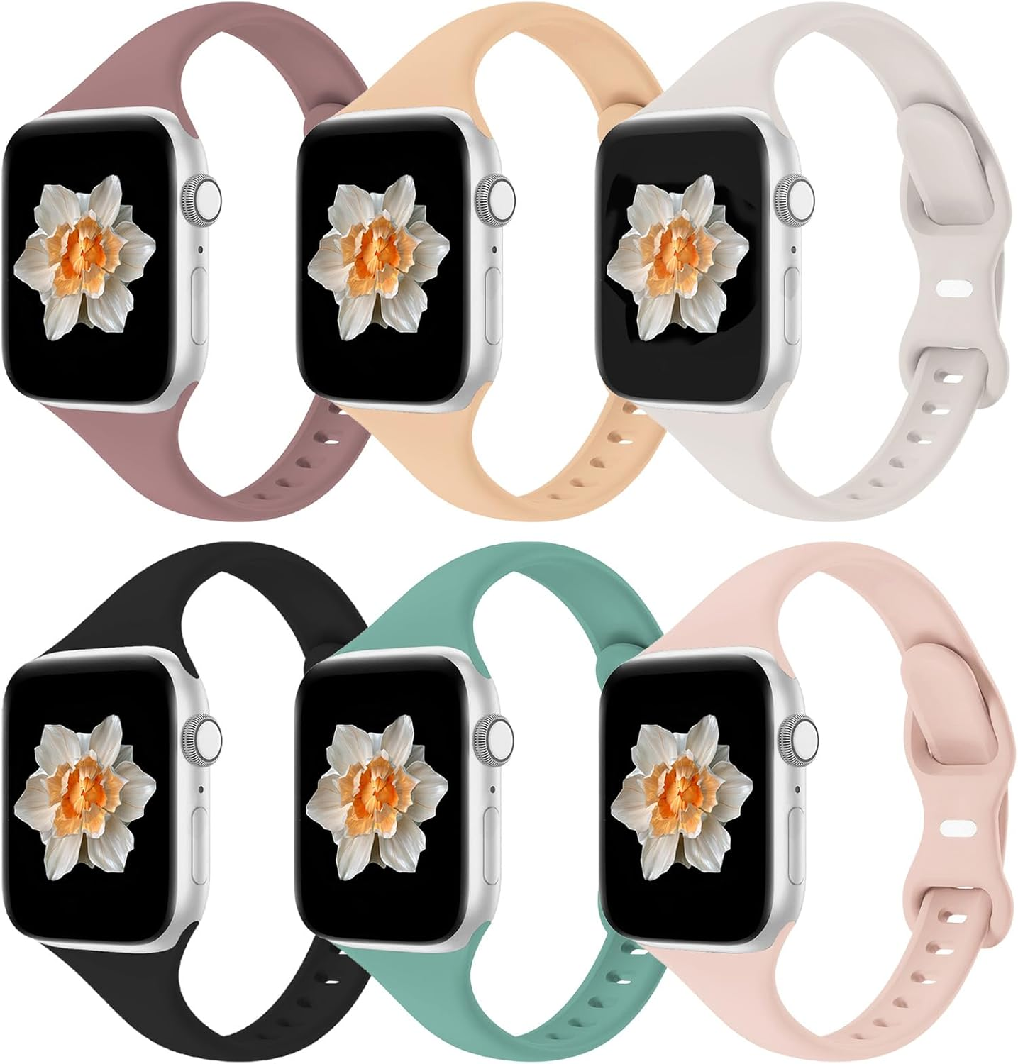 6 Pack Slim Bands Compatible with Apple Watch Band 49Mm 46Mm 45Mm 44Mm 42Mm 41Mm 40Mm 38Mm for Women,Soft Silicone Sport Strap for Iwatch Ultra 3/2/1 SE3/2/1 Series 11 10 9 8 7 6 5 4 3 2 1
