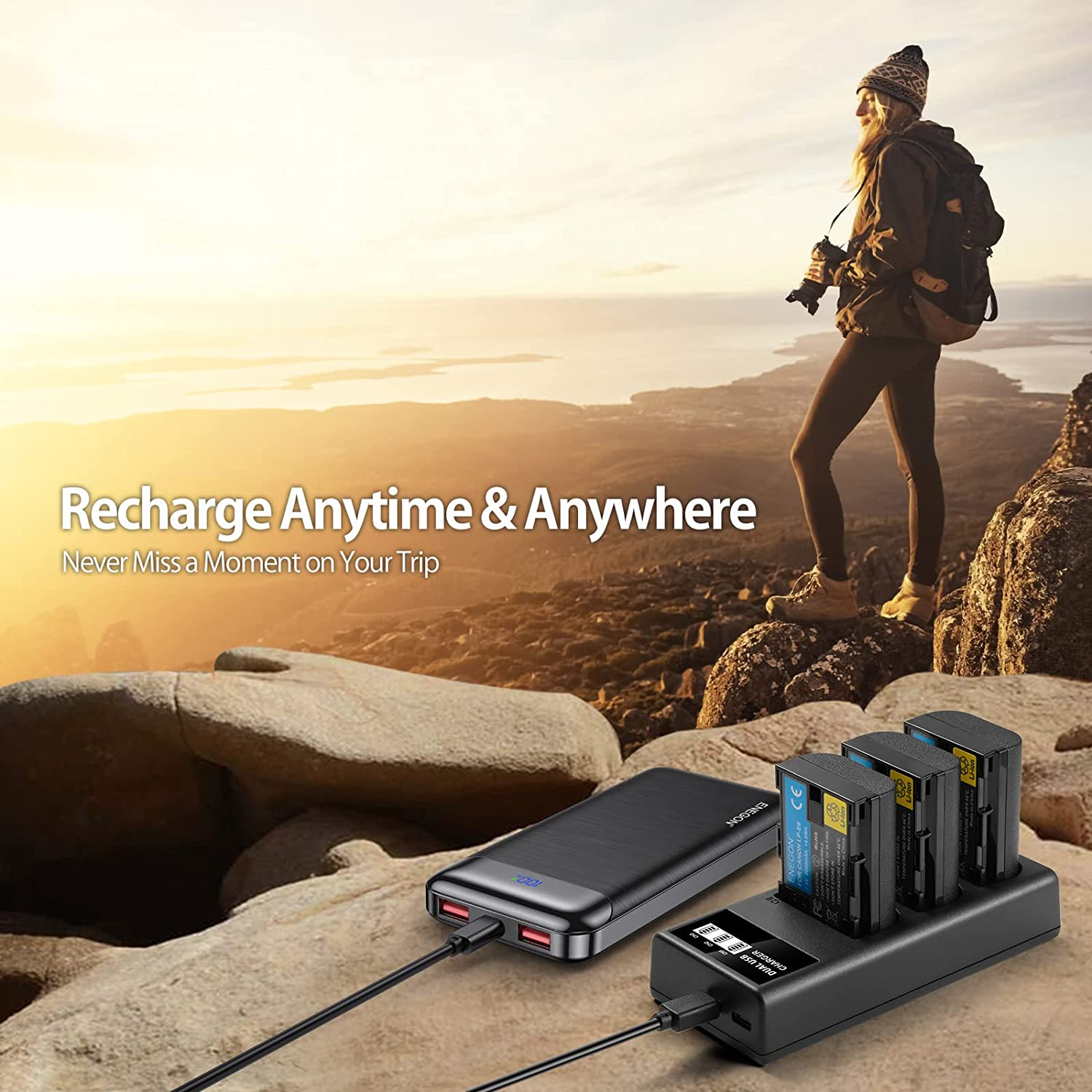 ENEGON LP-E6 Triple Slot Charger for Canon LP-E6, LP-E6N and Canon EOS 5D Mark II/III/IV, 5DS, 5DSR, 6D, 7D, 7D Mark II, 60D, 70D and More