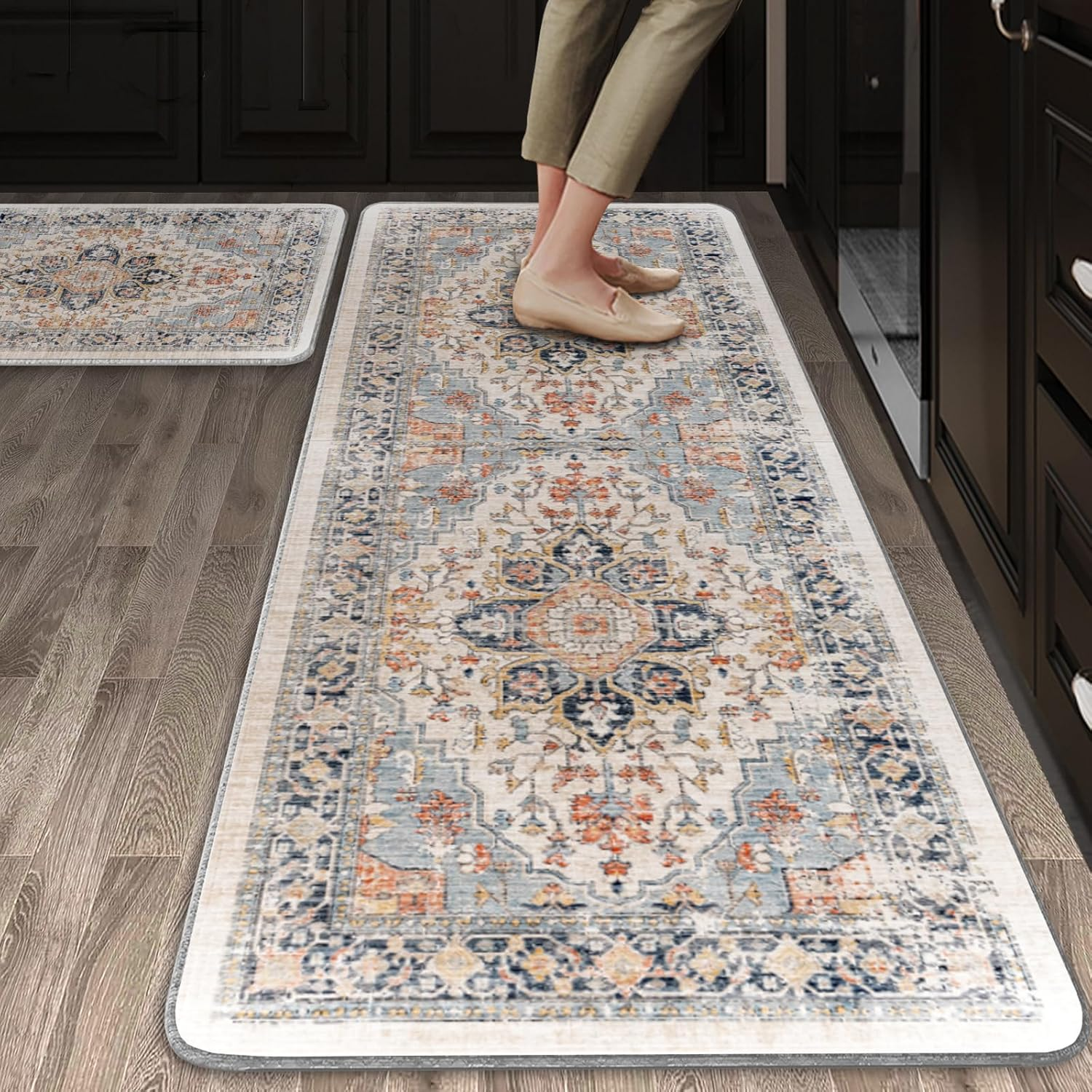STEUGO 2 Pieces Boho Kitchen Rugs and Mats,Non-Slip Washable Carpets for Kitchen,Waterproof Kitchen Floor Rugs Set,Comfort Rug Sets of 2 for Kitchen/Bathroom,17"X29"+17"X59"(Colorful) image number 1